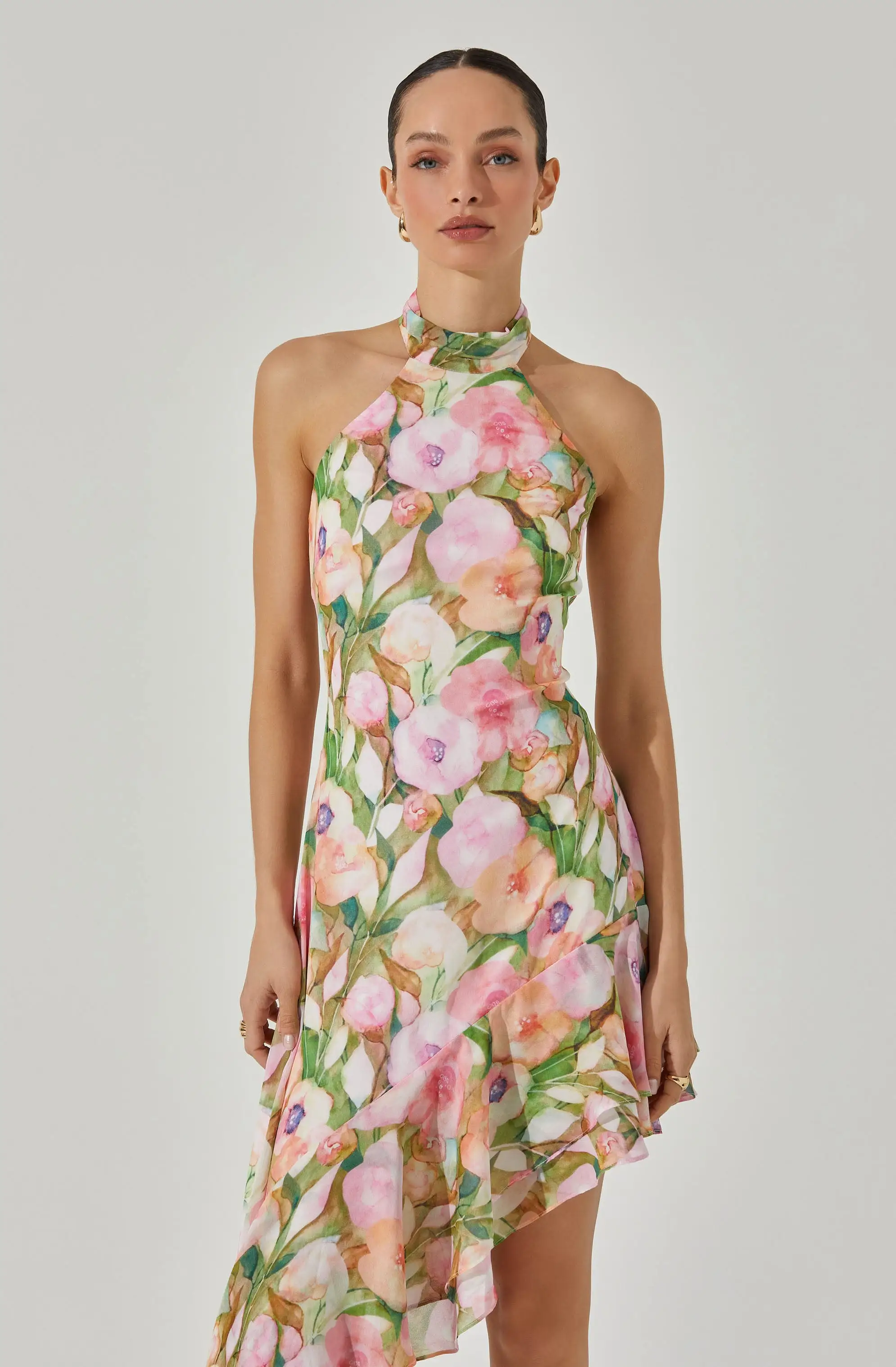 Asymmetric Floral Halter Midi Dress