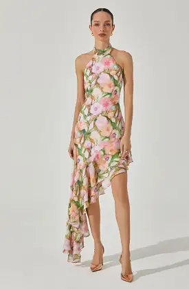 Asymmetric Floral Halter Midi Dress