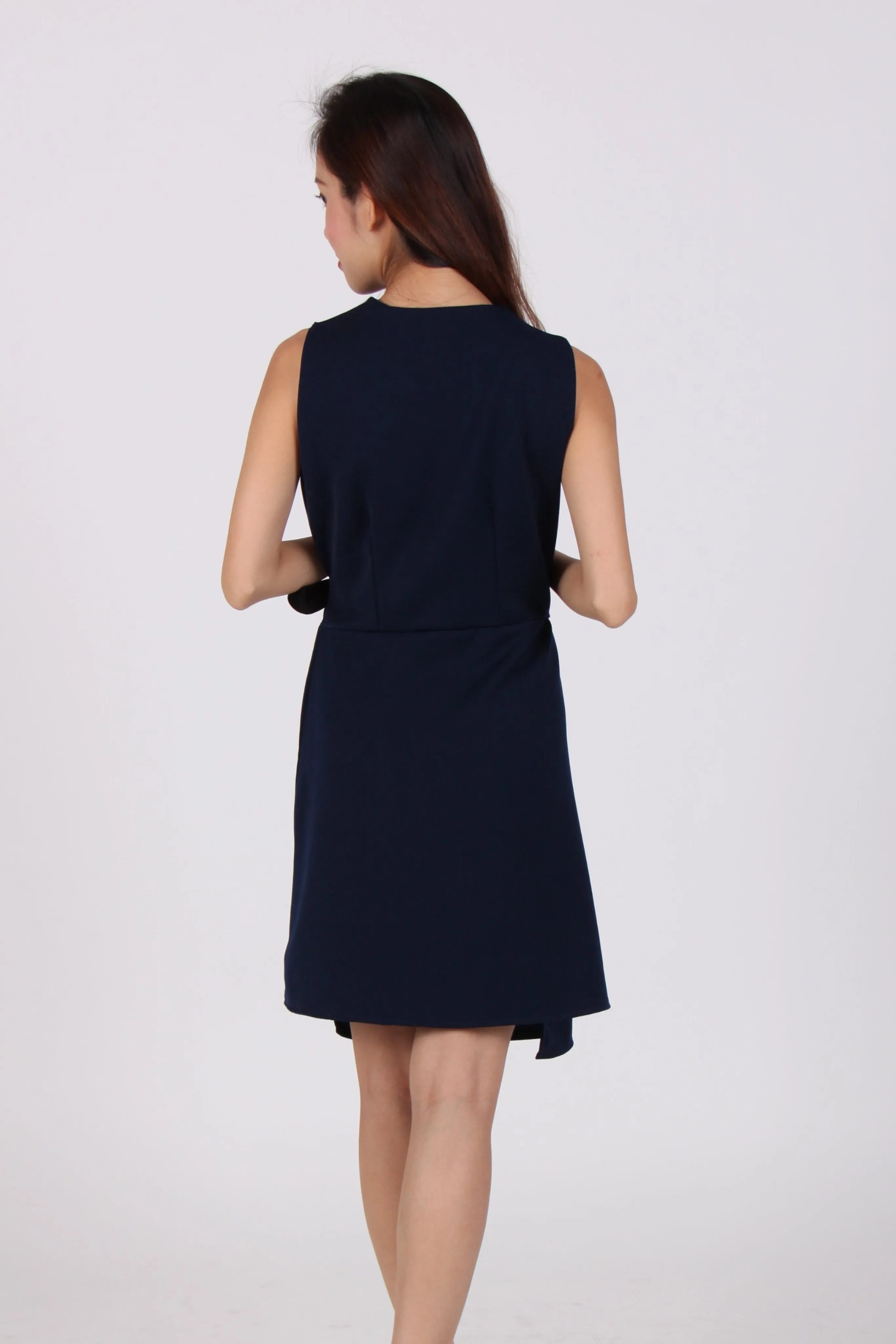 Asymmetrical Contrast Ribbon Wrap Dress in Navy Blue