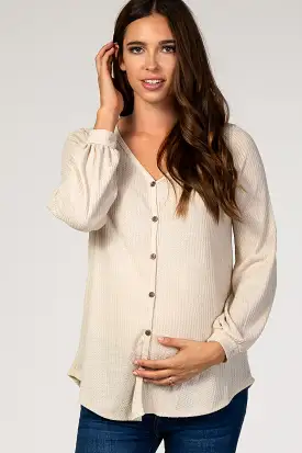 Beige Waffle Knit Button Front Maternity Top