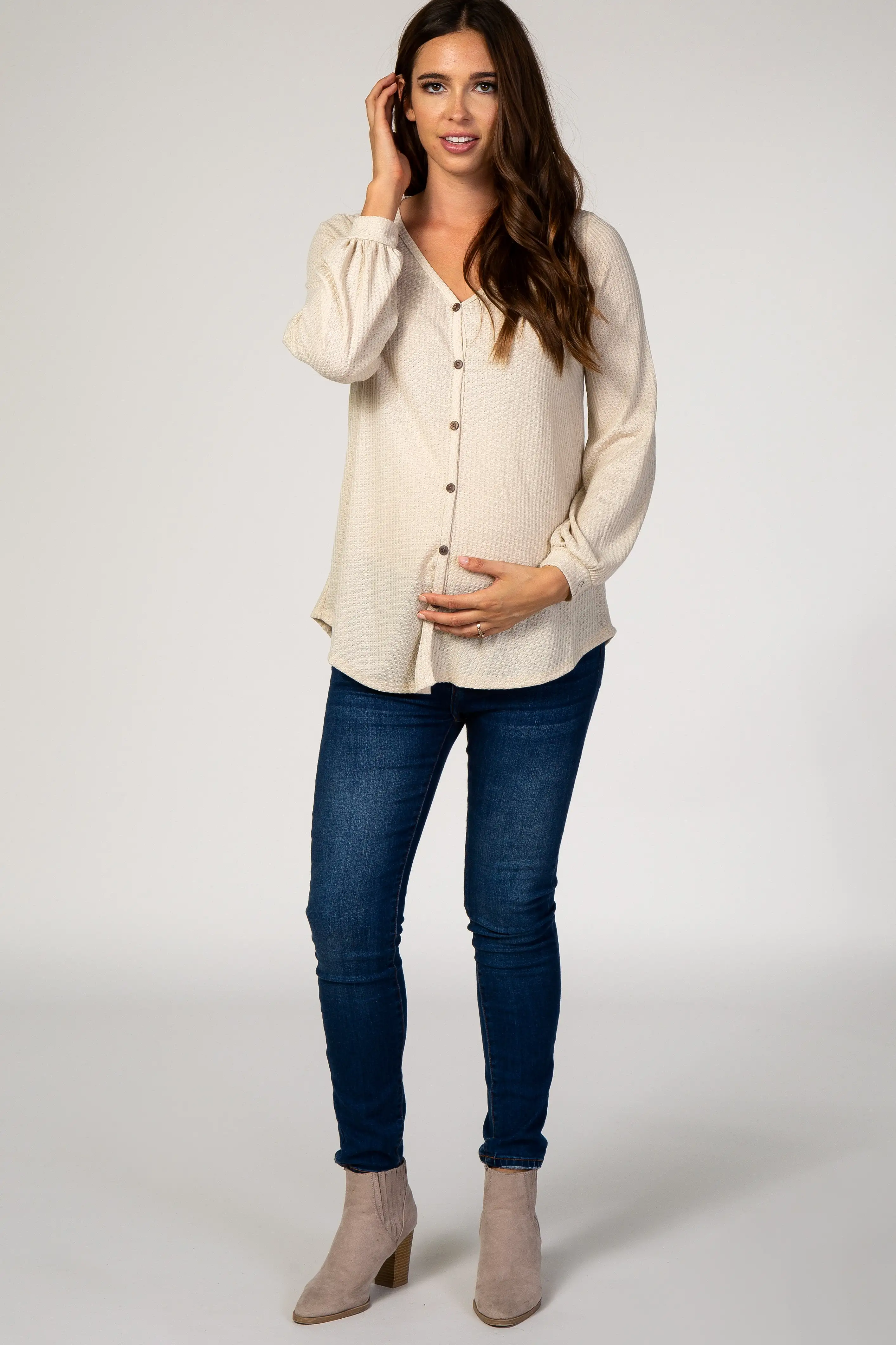 Beige Waffle Knit Button Front Maternity Top