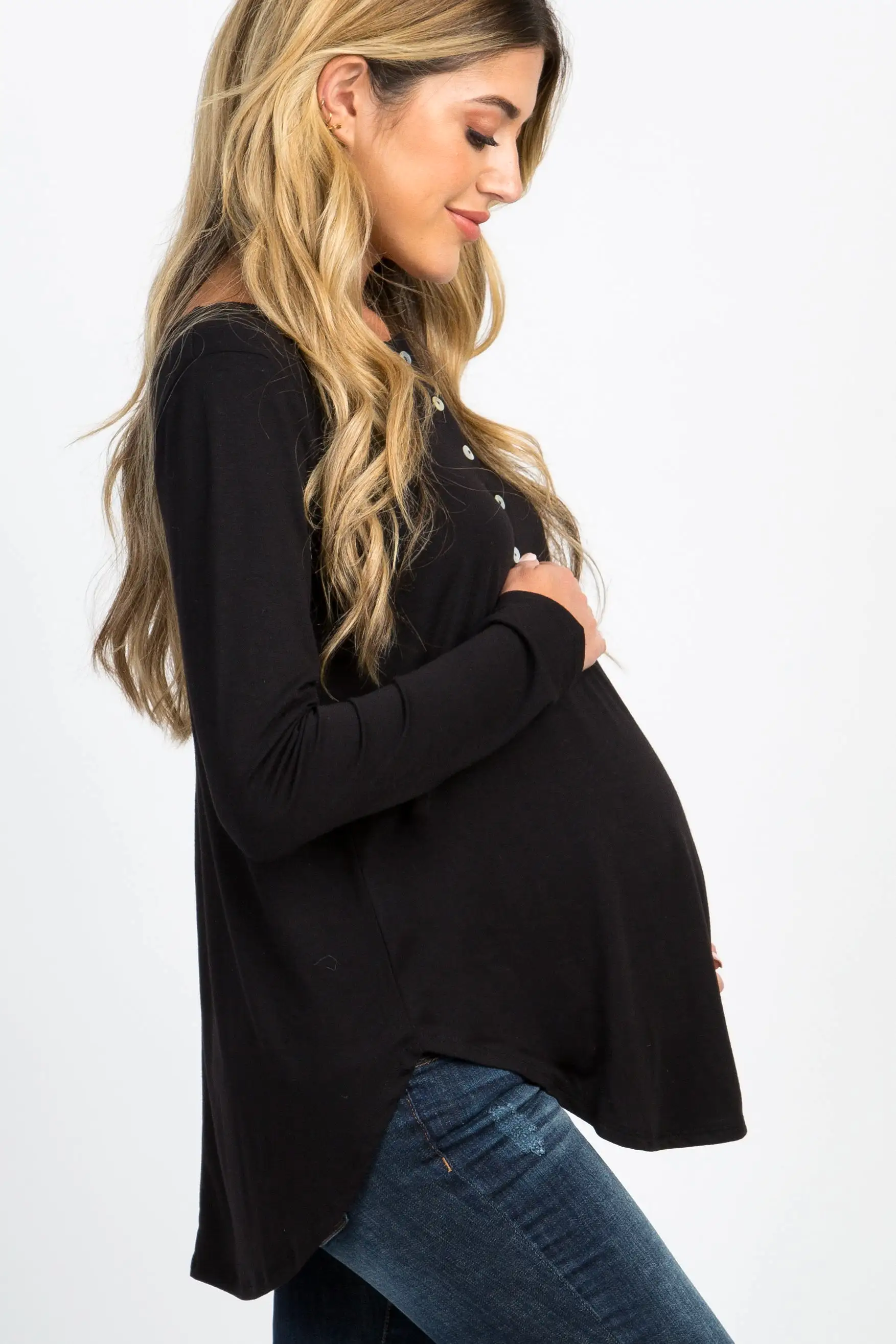 Black Button Accent Long Sleeve Maternity Top