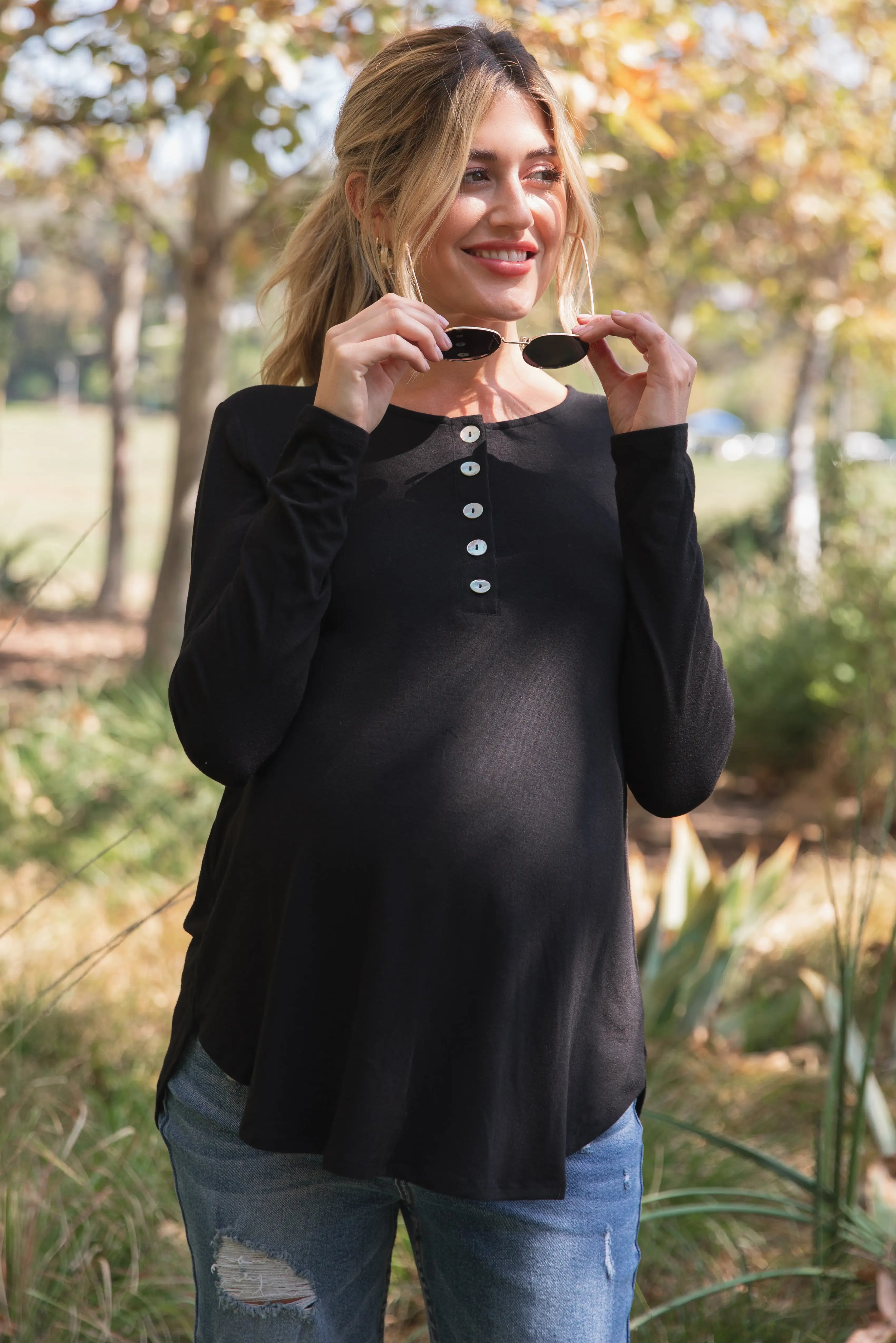 Black Button Accent Long Sleeve Maternity Top