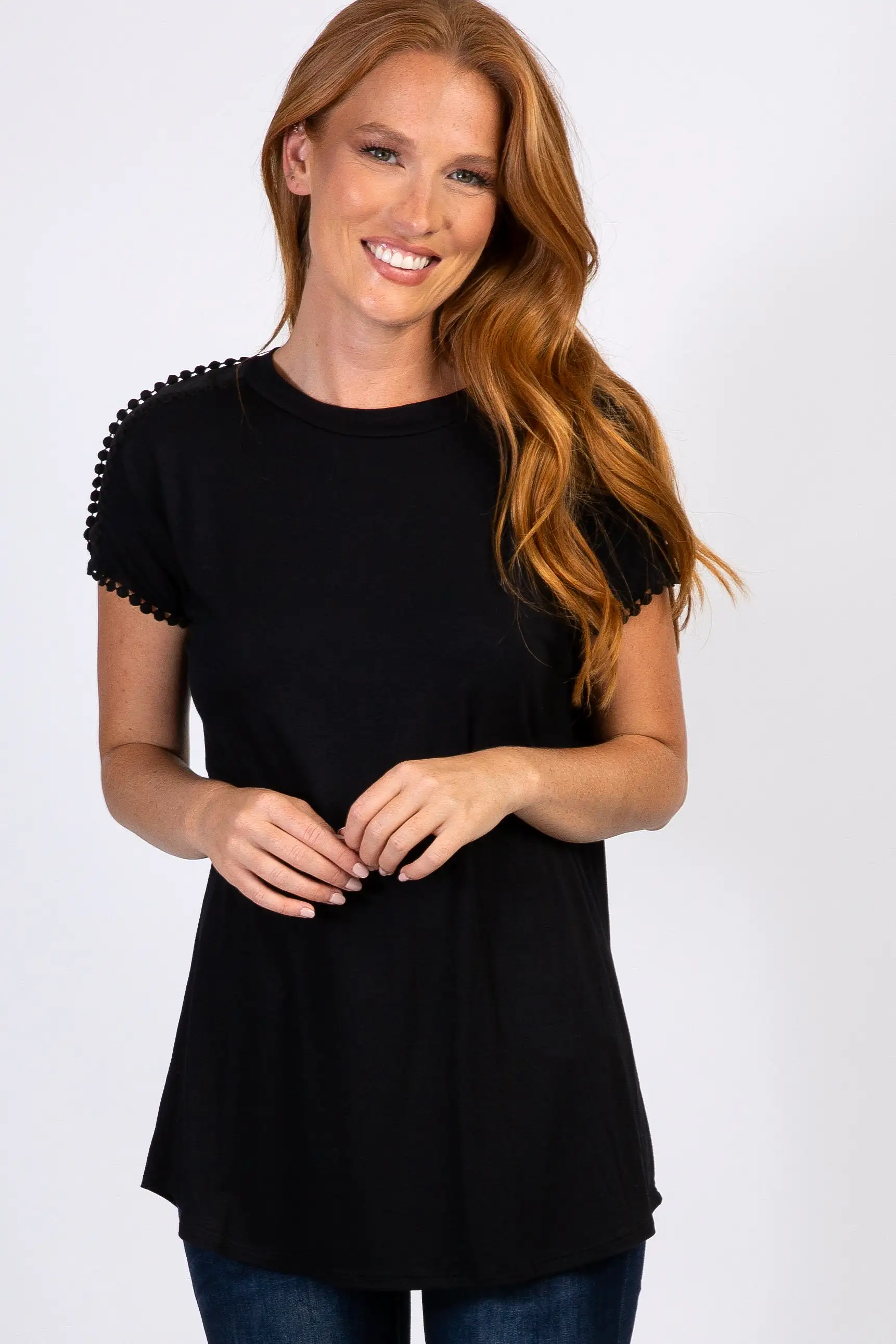 Black Crochet Tassel Trim Maternity Top