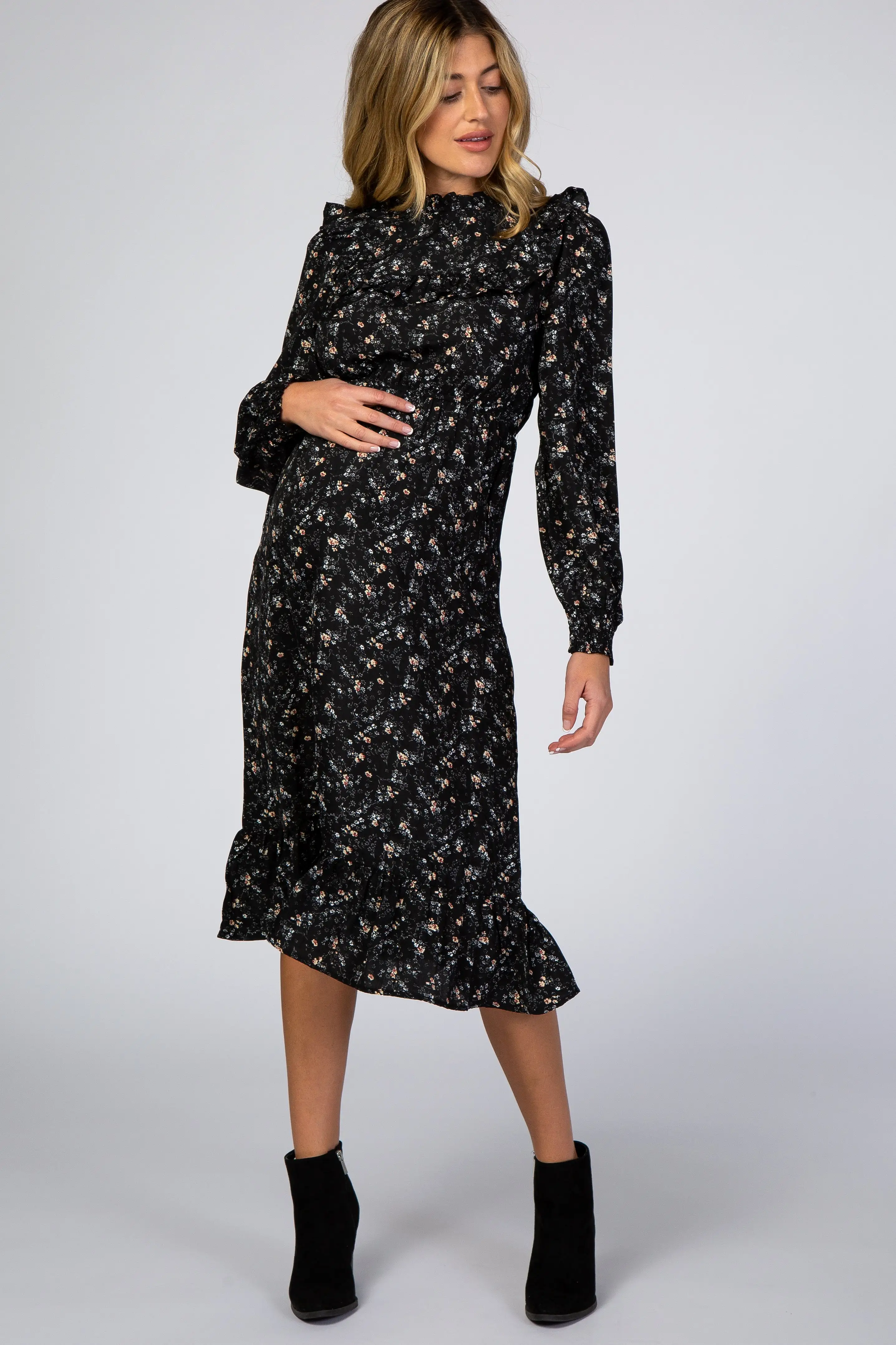 Black Floral Ruffle Long Sleeve Maternity Midi Dress