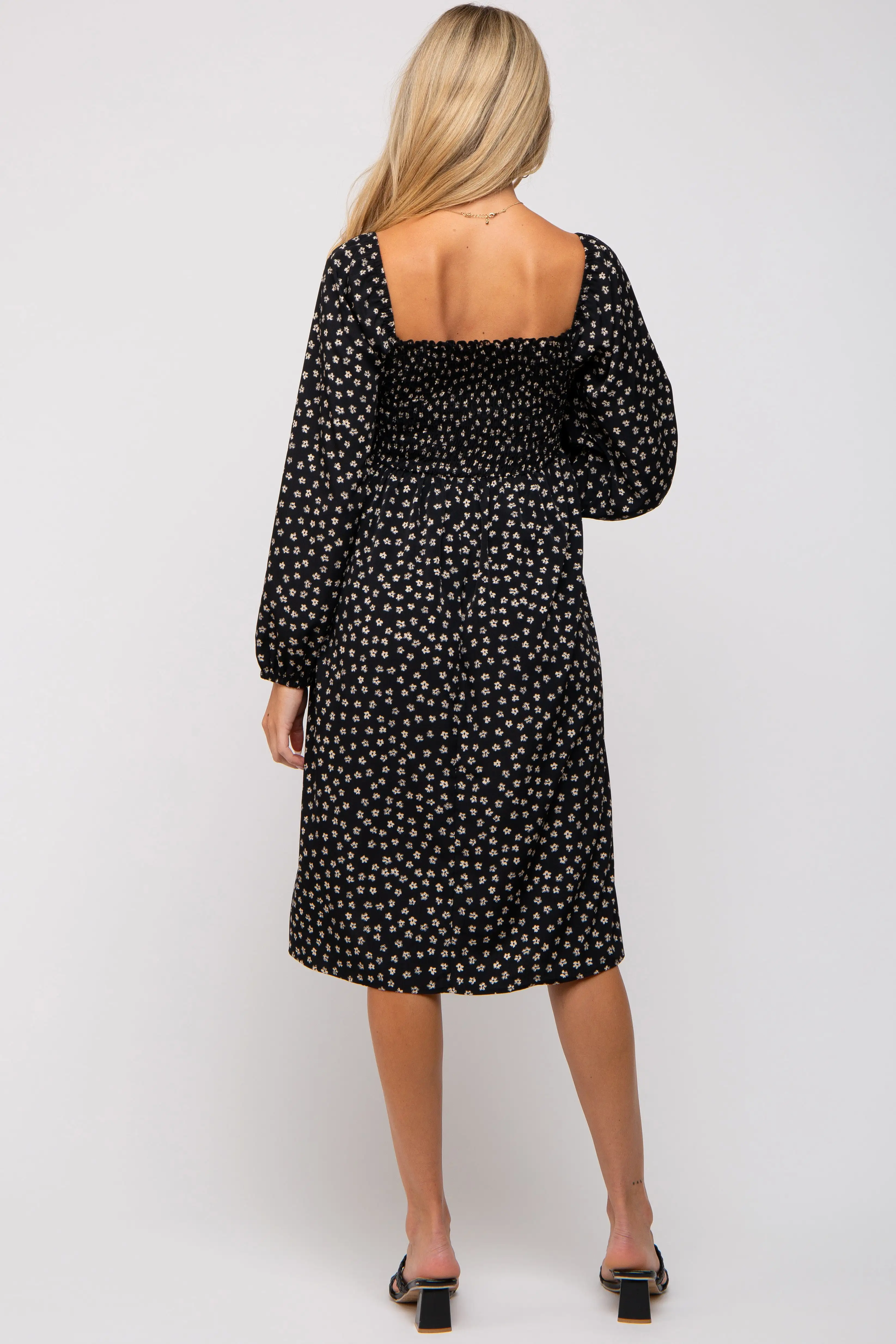 Black Floral Smocked Long Sleeve Maternity Dress