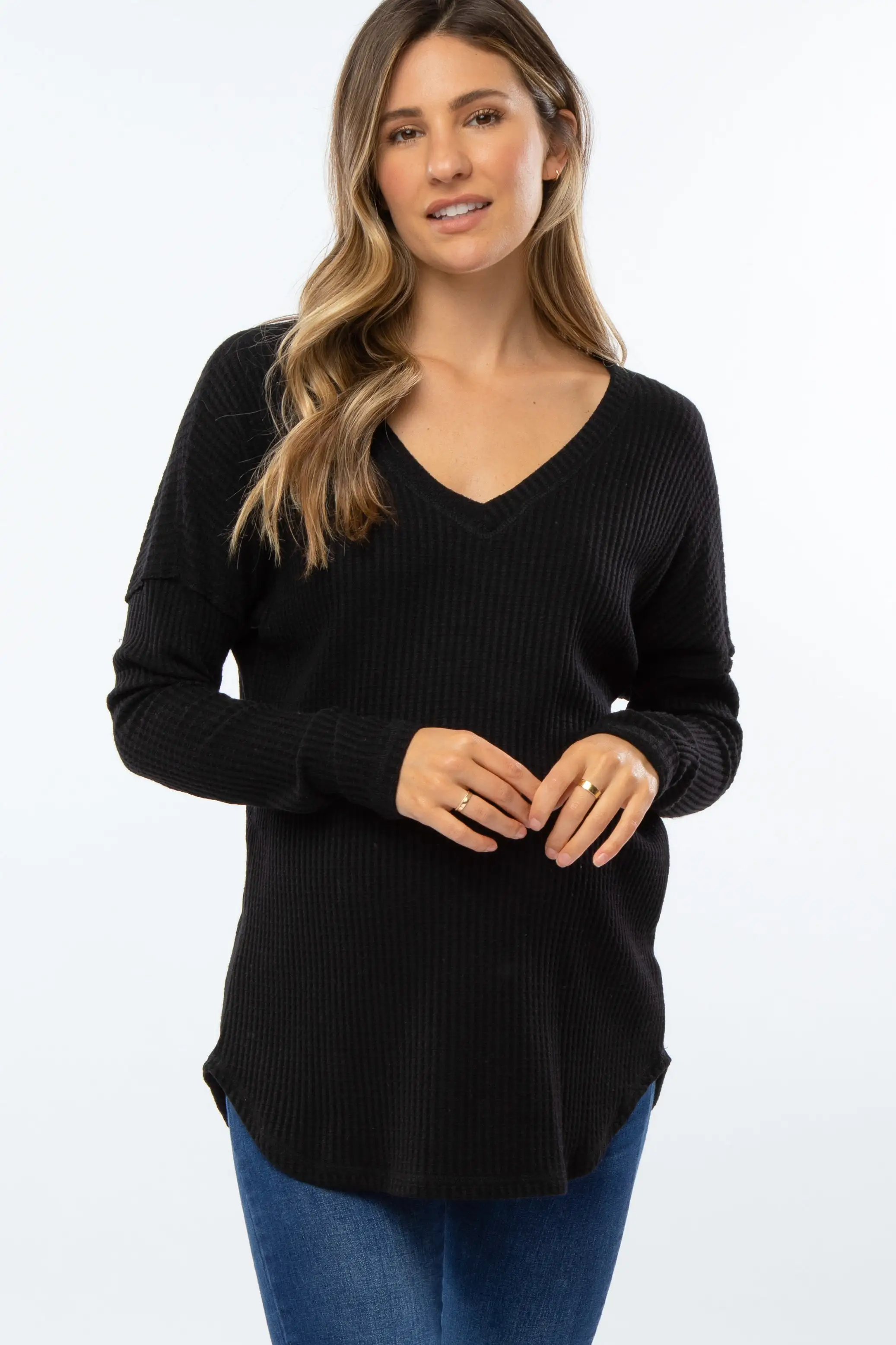 Black Waffle Knit Long Sleeve Maternity Top