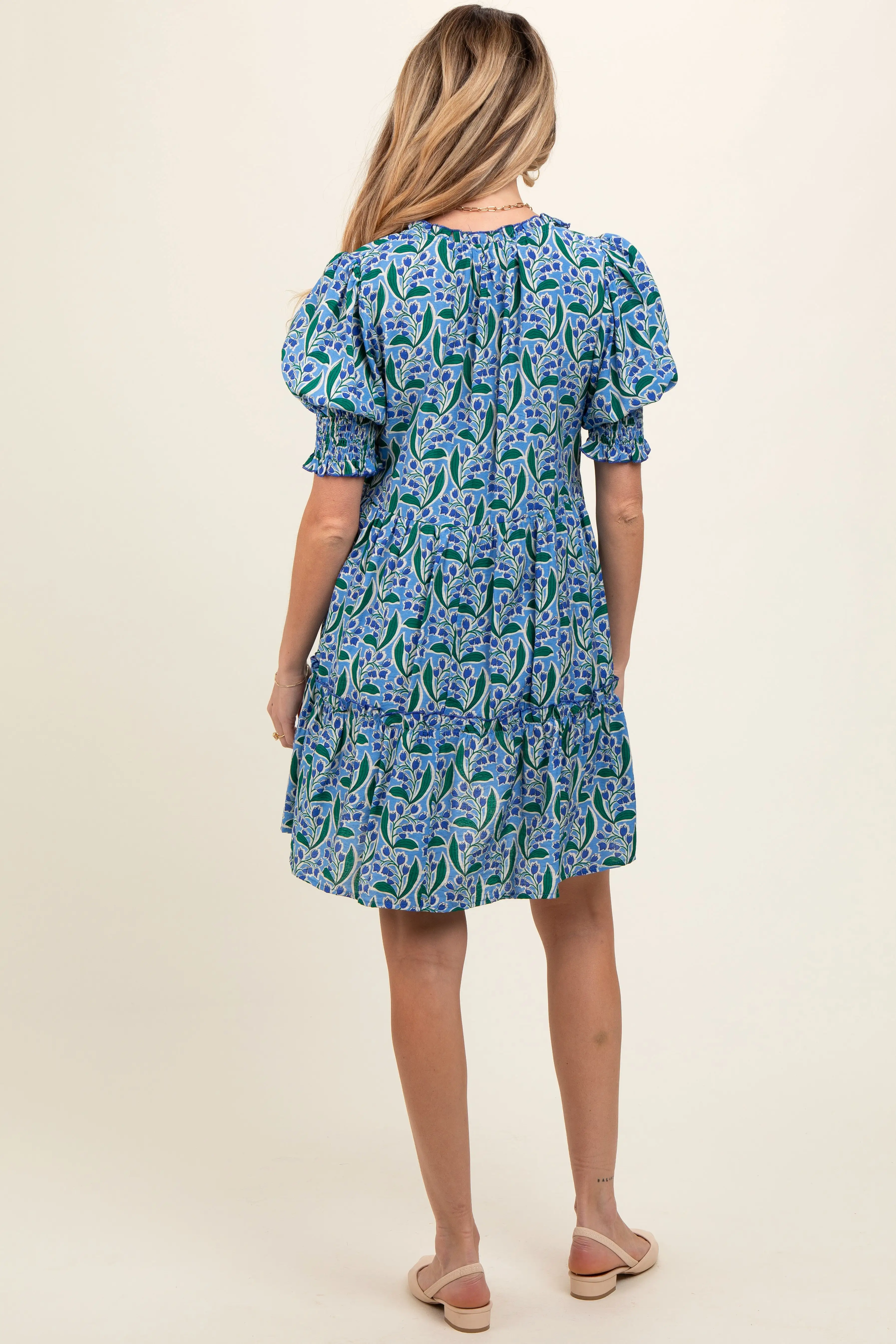 Blue Floral Front Tie Puff Sleeve Maternity Dress