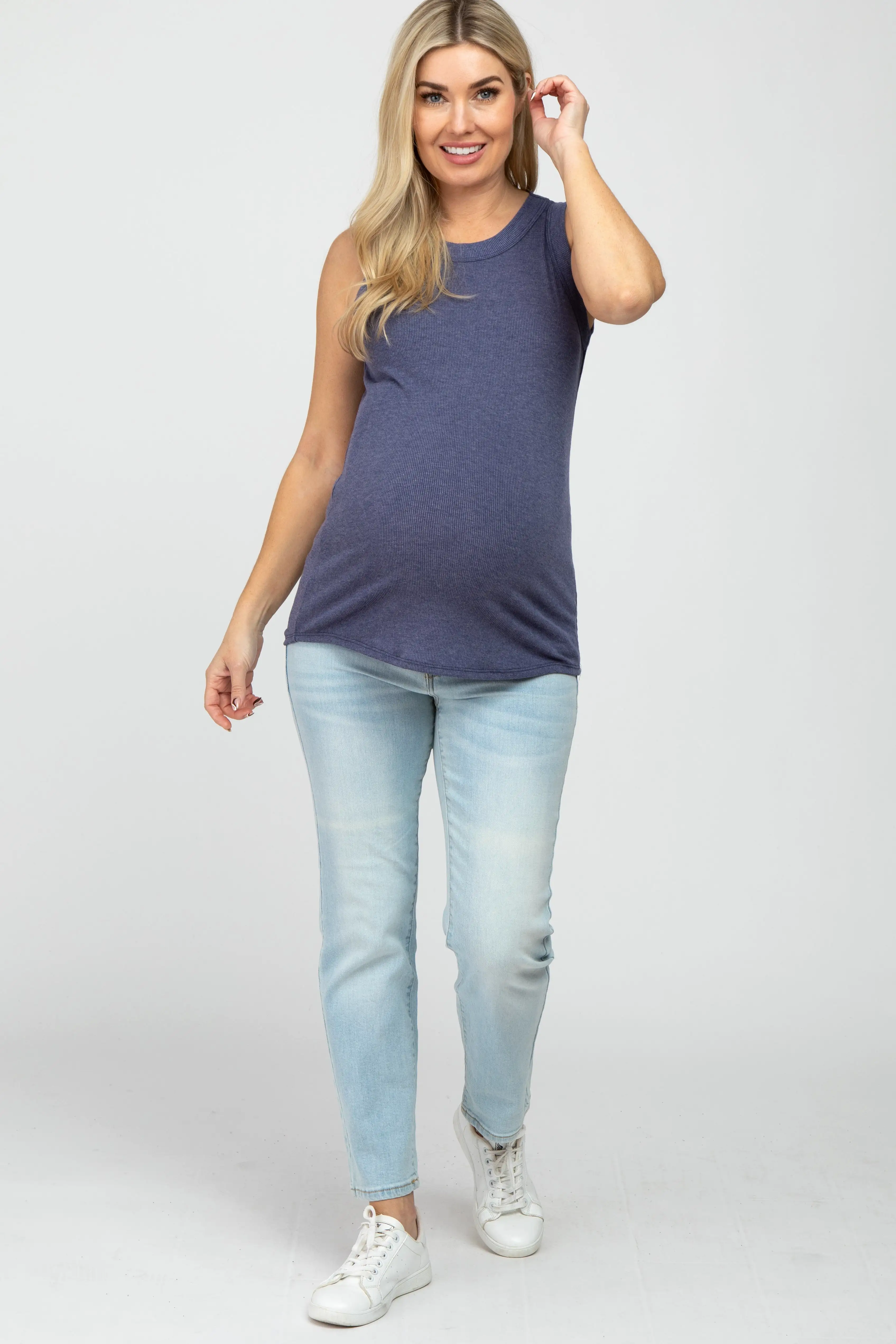 Blue Ribbed Sleeveless Maternity Top