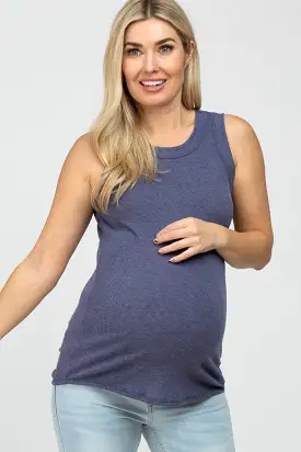 Blue Ribbed Sleeveless Maternity Top