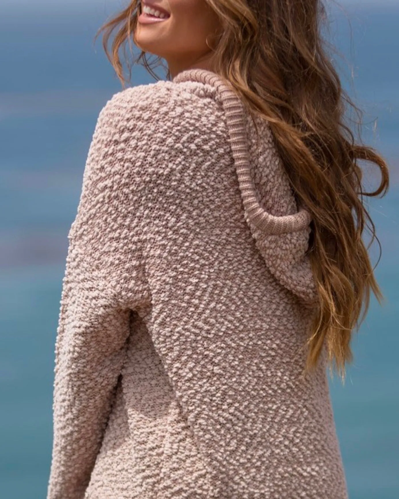 Boxy Fuzzy Long Sleeve Knit Hoodie in Mauve