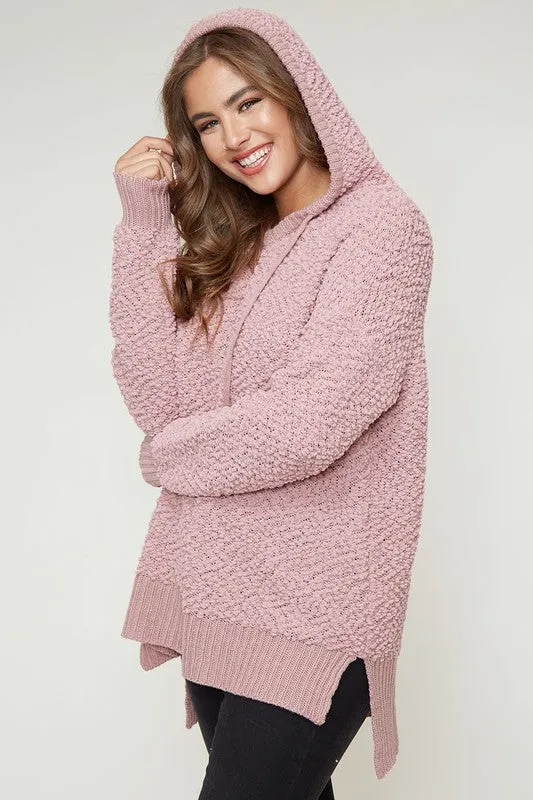 Boxy Fuzzy Long Sleeve Knit Hoodie in Mauve