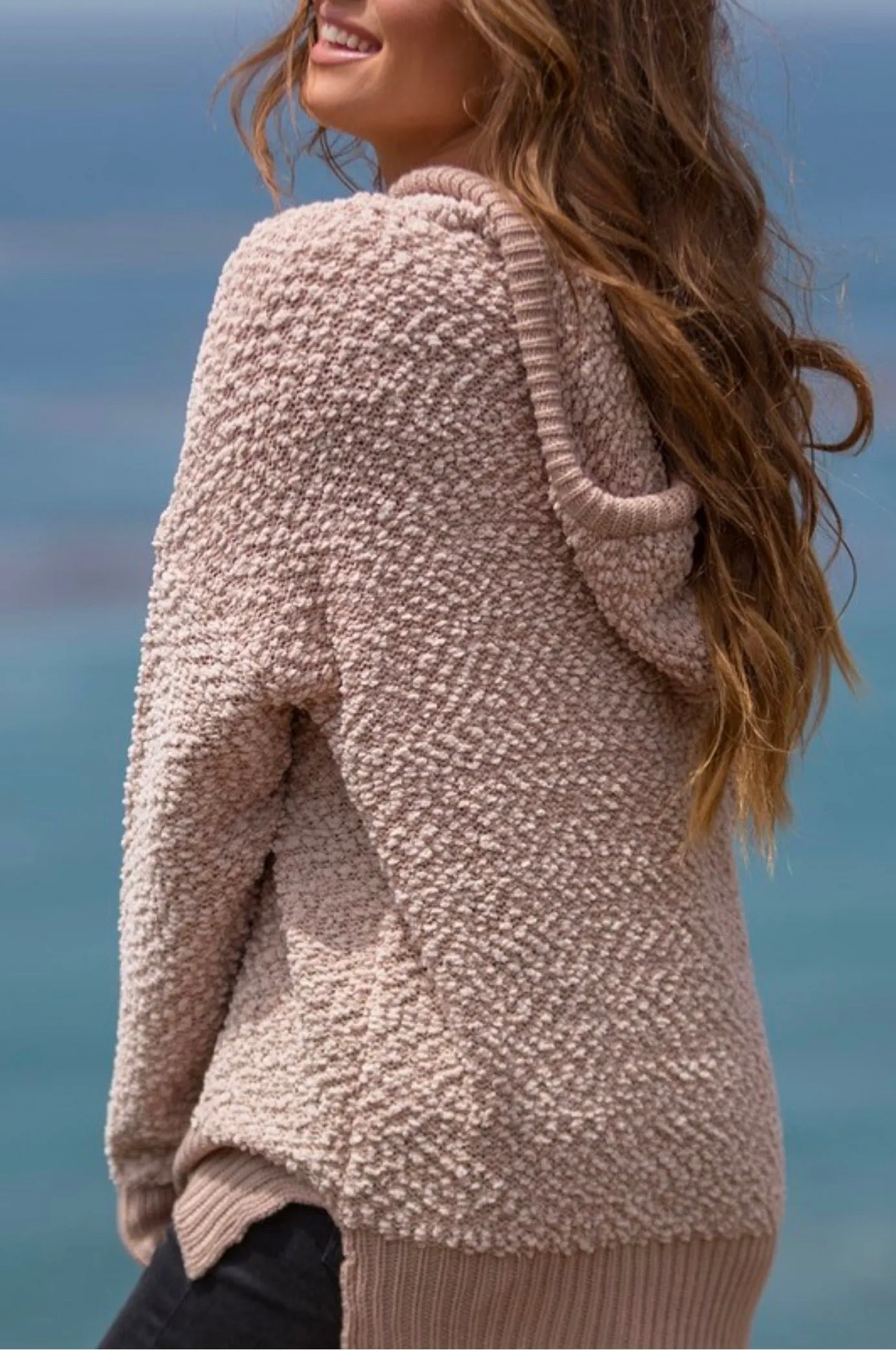 Boxy Fuzzy Long Sleeve Knit Hoodie in Mauve