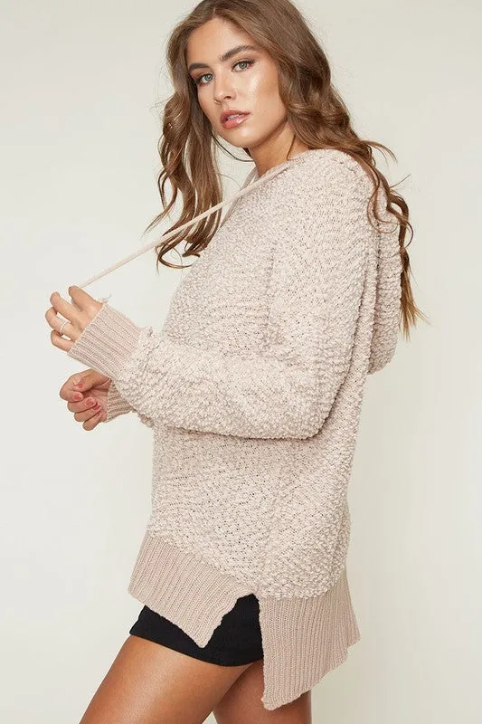 Boxy Fuzzy Long Sleeve Knit Hoodie in Taupe