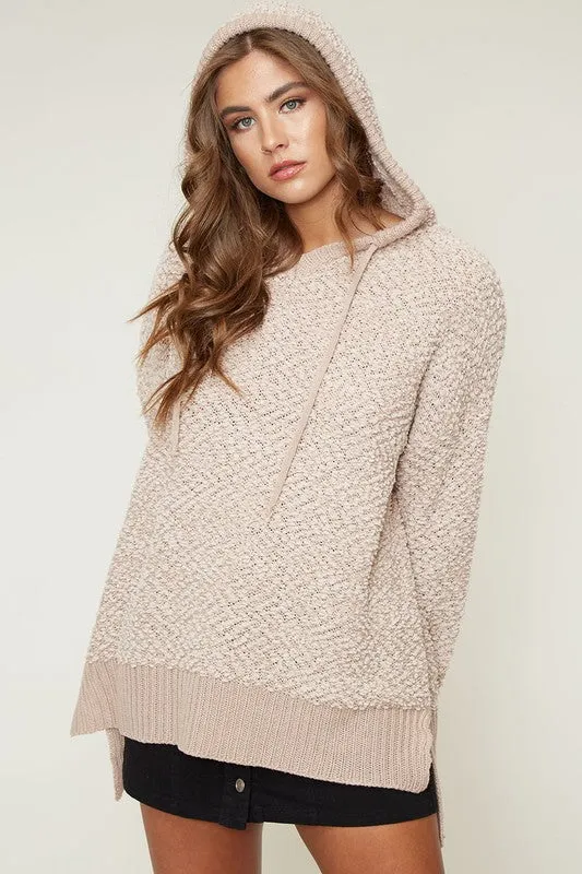 Boxy Fuzzy Long Sleeve Knit Hoodie in Taupe