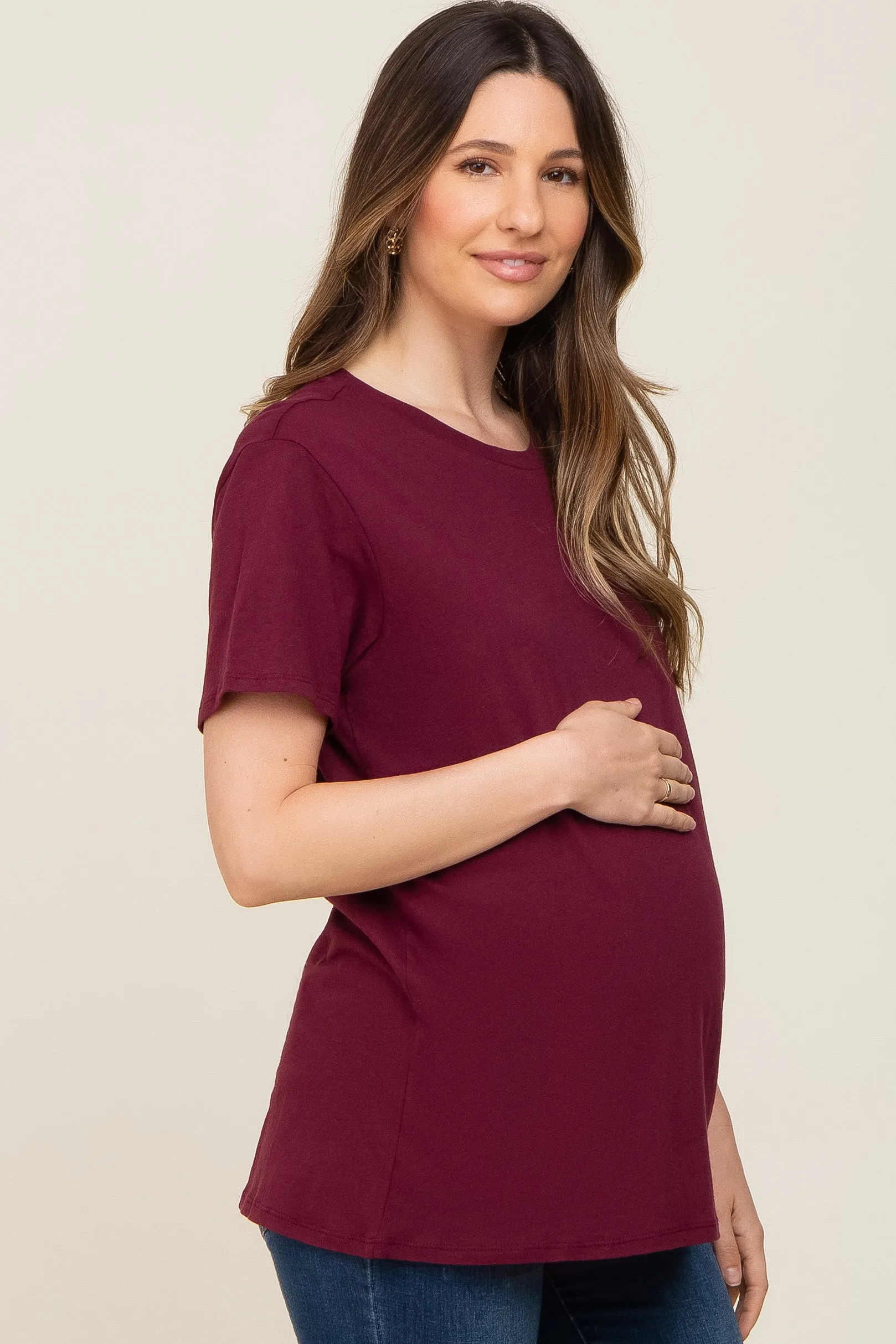 Burgundy Oversized Short Sleeve Maternity Top