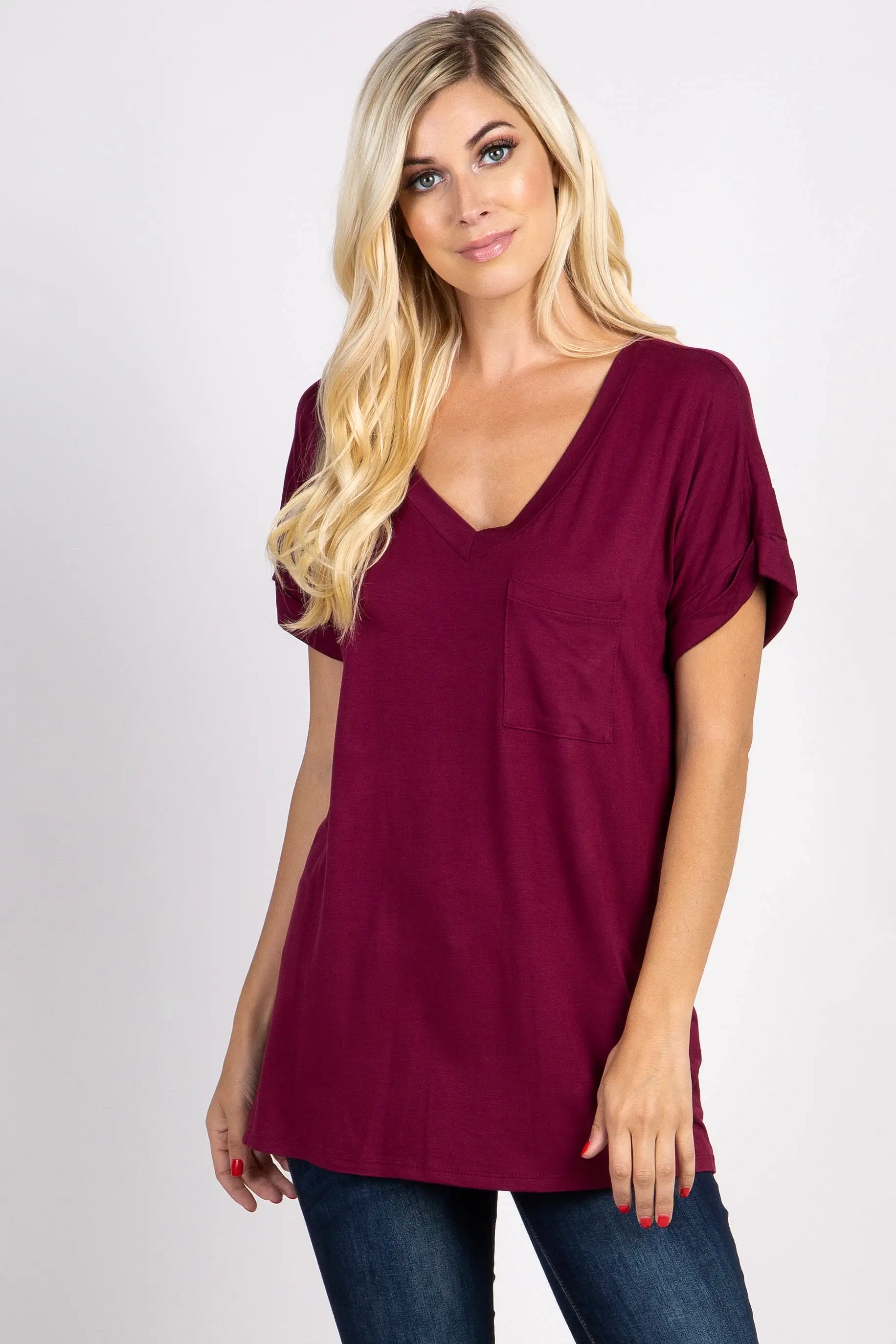 Burgundy Solid Pocket Maternity Top