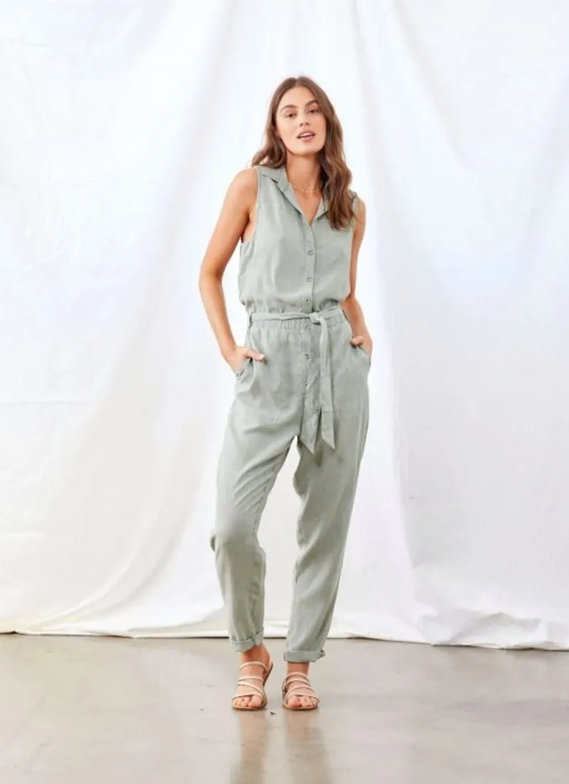 Button Up Belted Jumpsuit