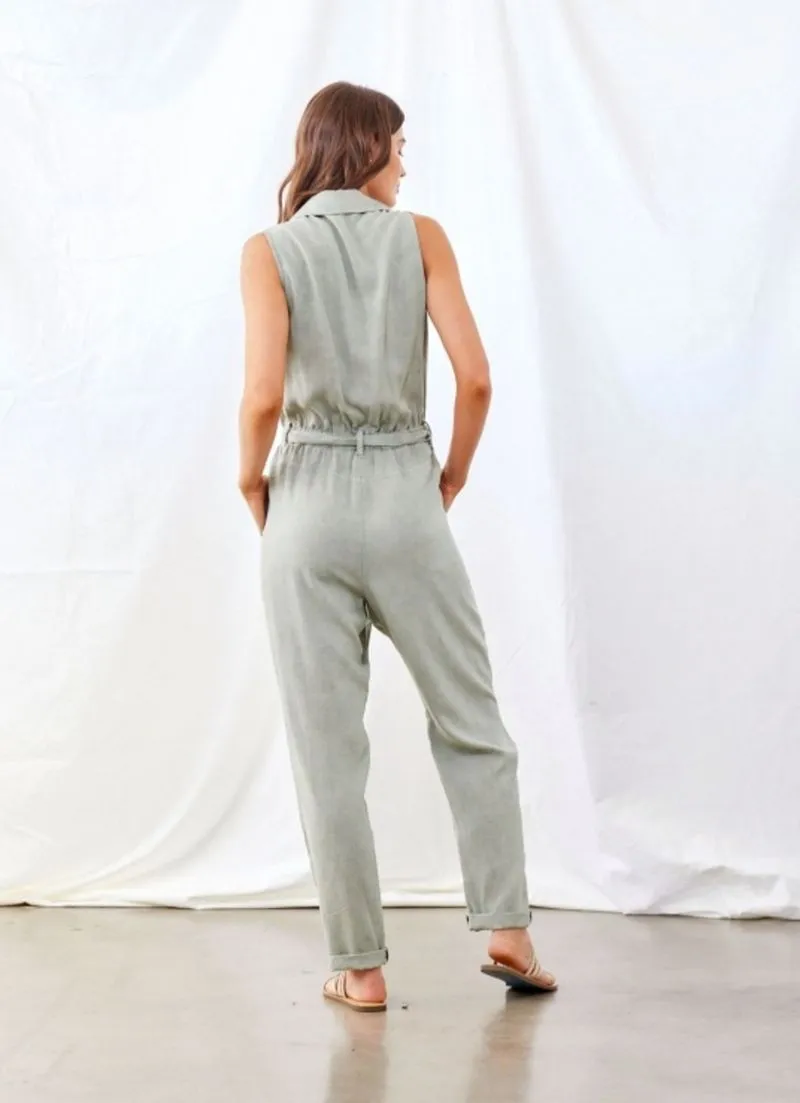 Button Up Belted Jumpsuit