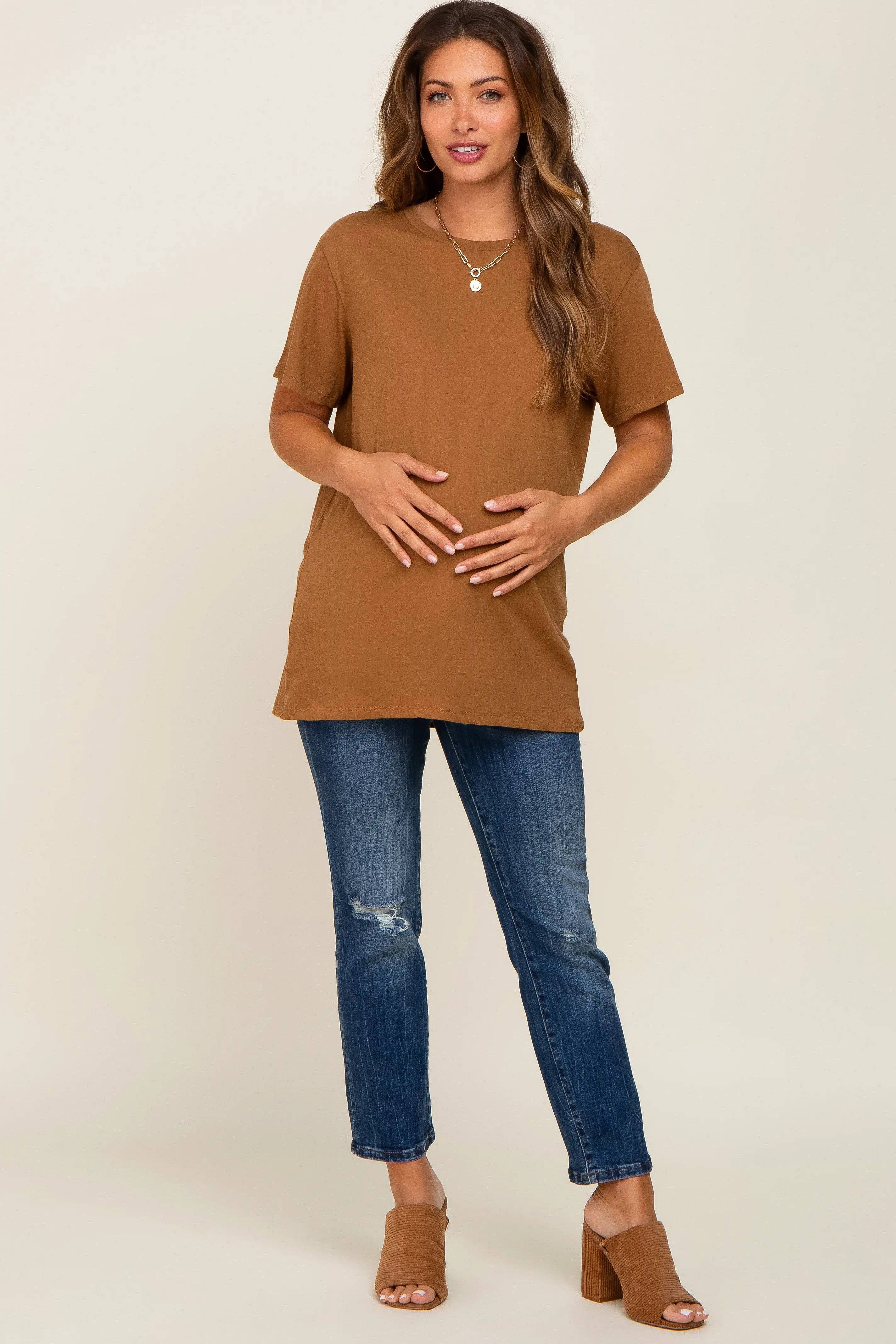 Camel Oversized Short Sleeve Maternity Top