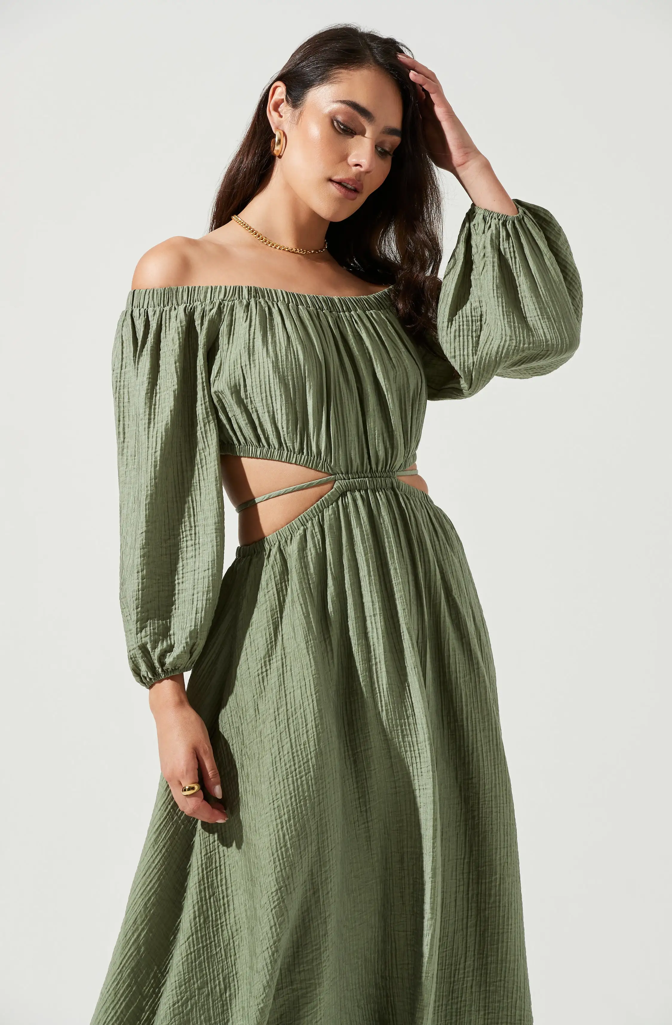 Cassian Off Shoulder Cutout Tie Waist Midi Dress