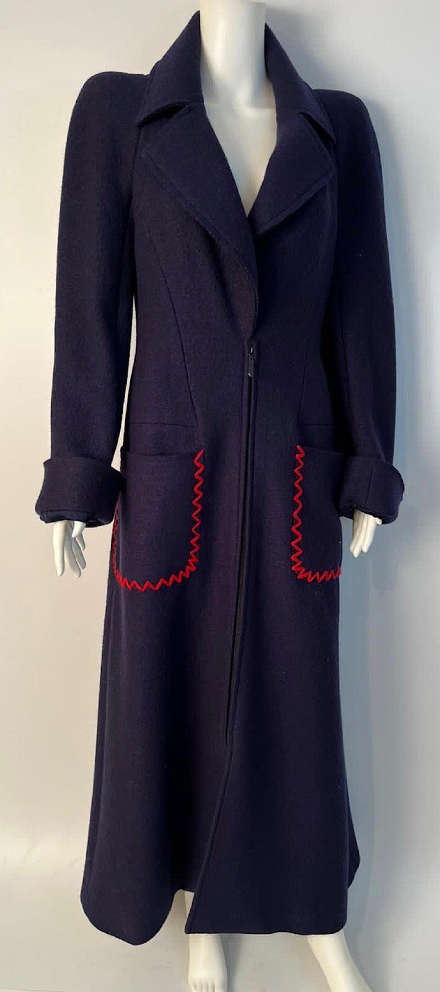 Chanel Vintage 97A 1997 Fall Navy Blue w Red Trim Long Heavy Wool Winter Coat FR 38 US 4