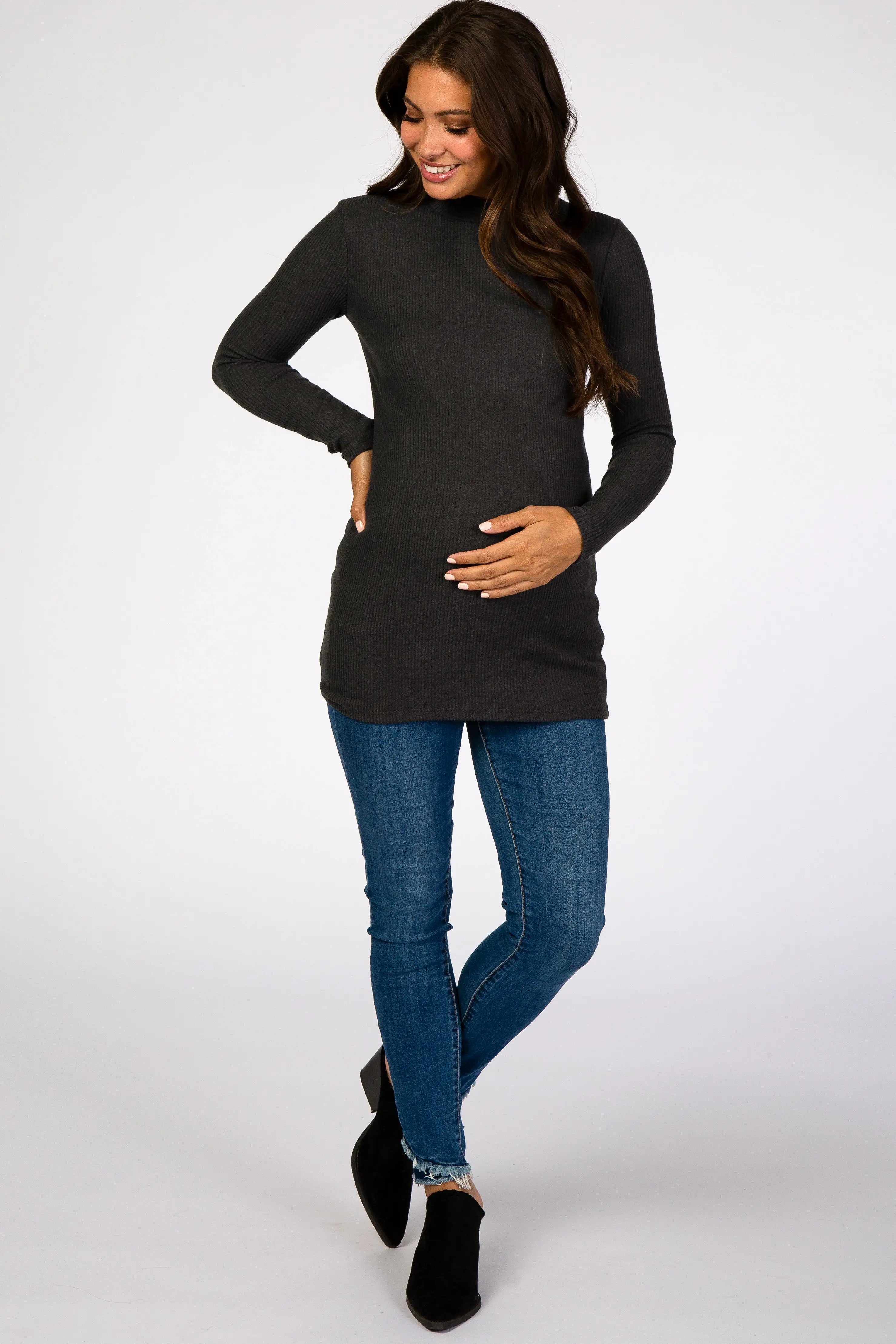 Charcoal Ribbed Long Sleeve Mock Neck Maternity Top