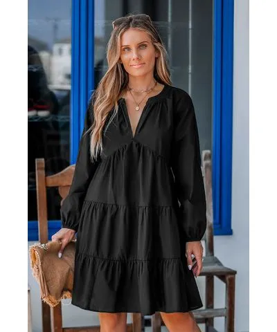 Cupshe Black V-Neck Long Sleeve Ruffle Hem Mini Dress