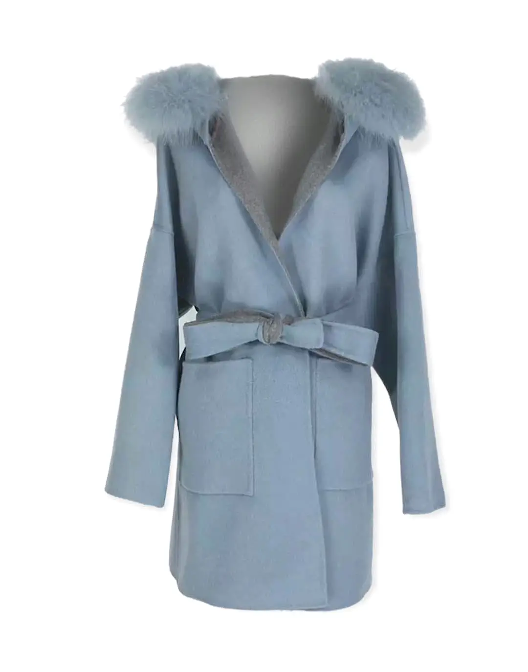 Double Faced Belted Wool Cashmere Coat With Fur Hoodie In Blue