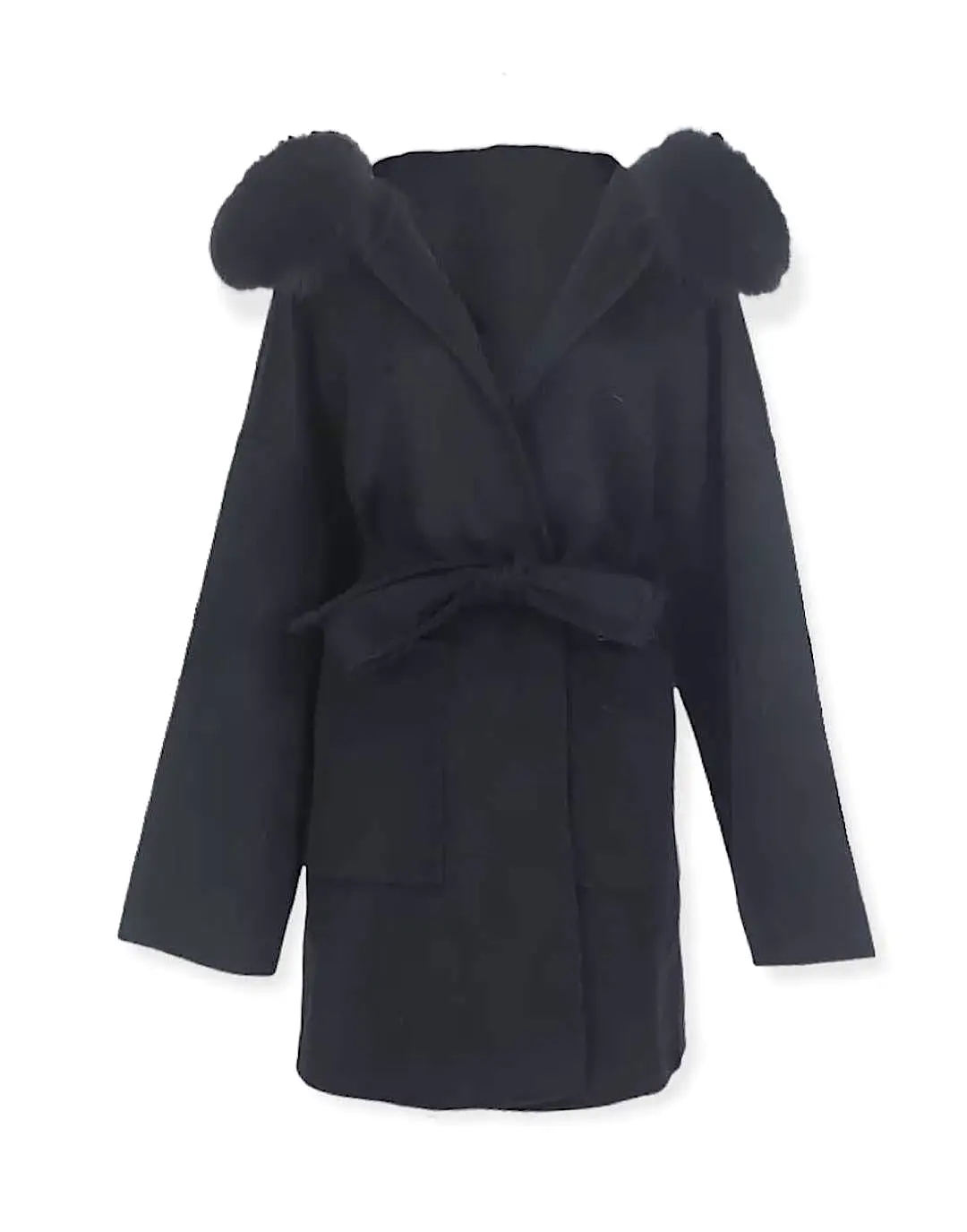 Double Faced Belted Wool Cashmere Coat With Fur Hoodie In Blue