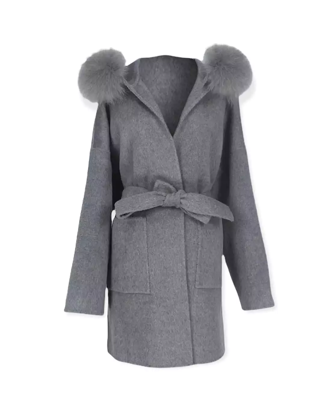 Double Faced Belted Wool Cashmere Coat With Fur Hoodie In Blue