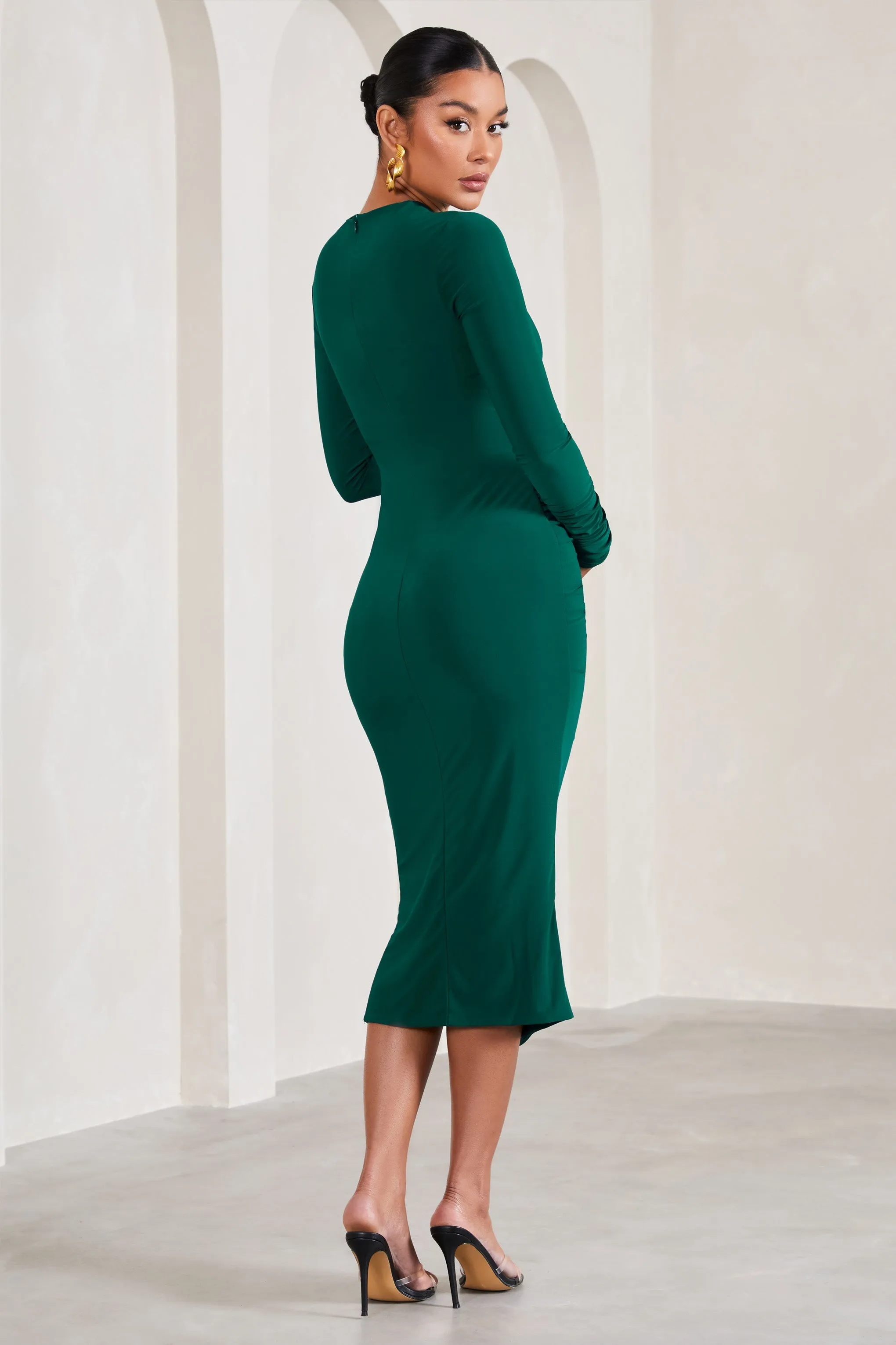 Eternal | Bottle Green Long-Sleeved Split Maternity Midi Dress