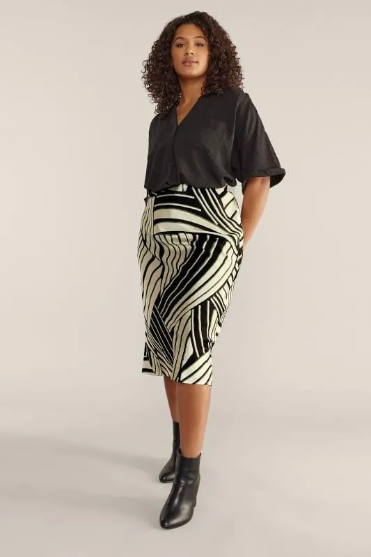 EVANS Curve Black & Ivory White Linear Print Midi Satin Skirt