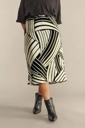 EVANS Curve Black & Ivory White Linear Print Midi Satin Skirt