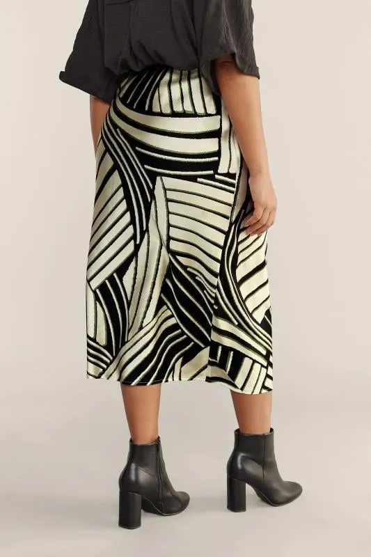 EVANS Curve Black & Ivory White Linear Print Midi Satin Skirt