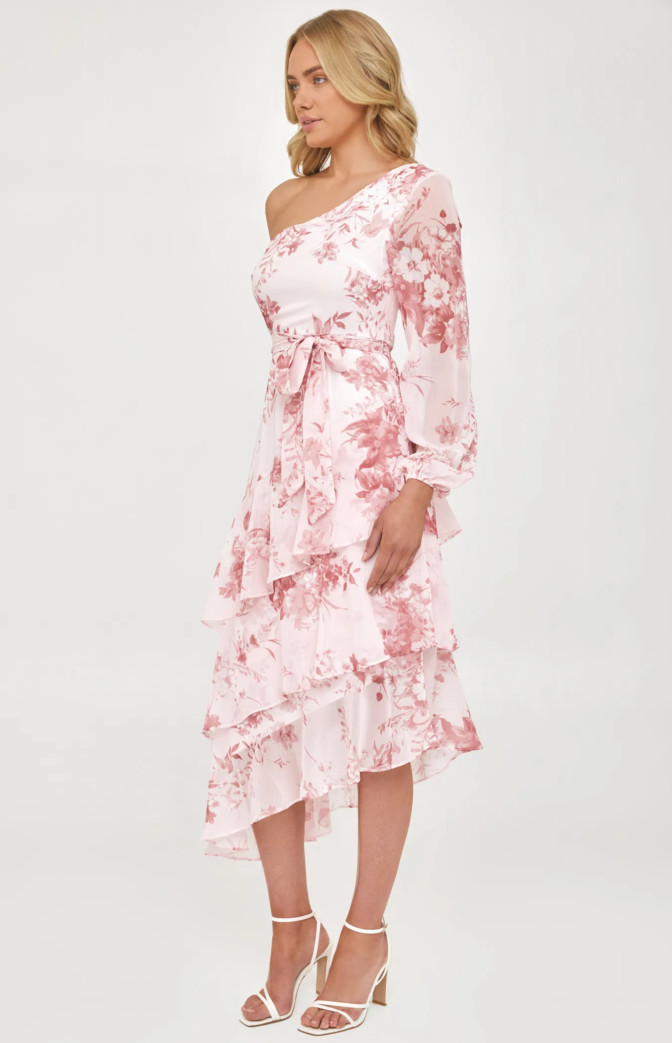 Floral Chiffon Single Sleeve Midi Dress with Tiered Hem (SDR1216A) 