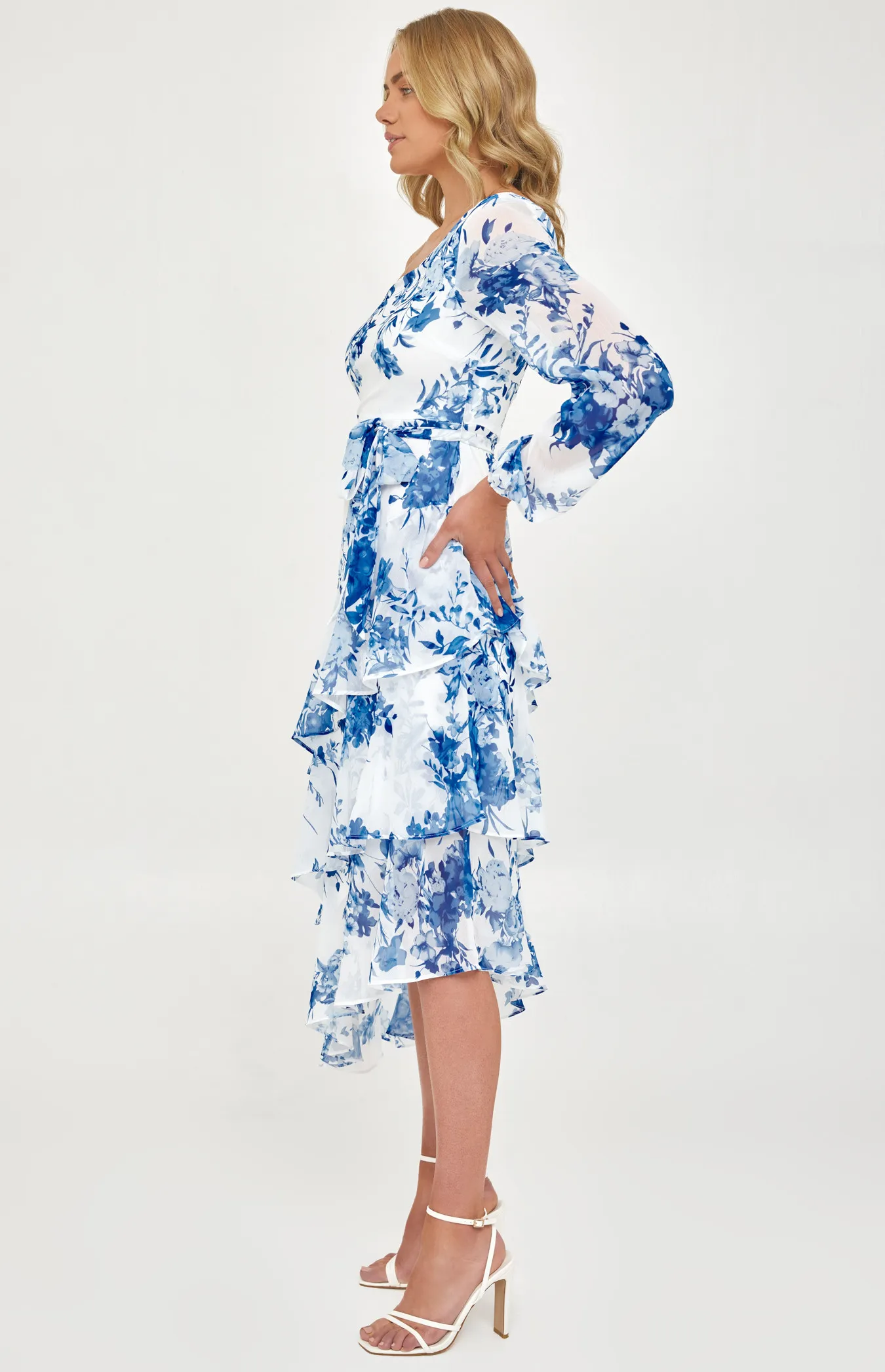 Floral Chiffon Single Sleeve Midi Dress with Tiered Hem (SDR1216A) 