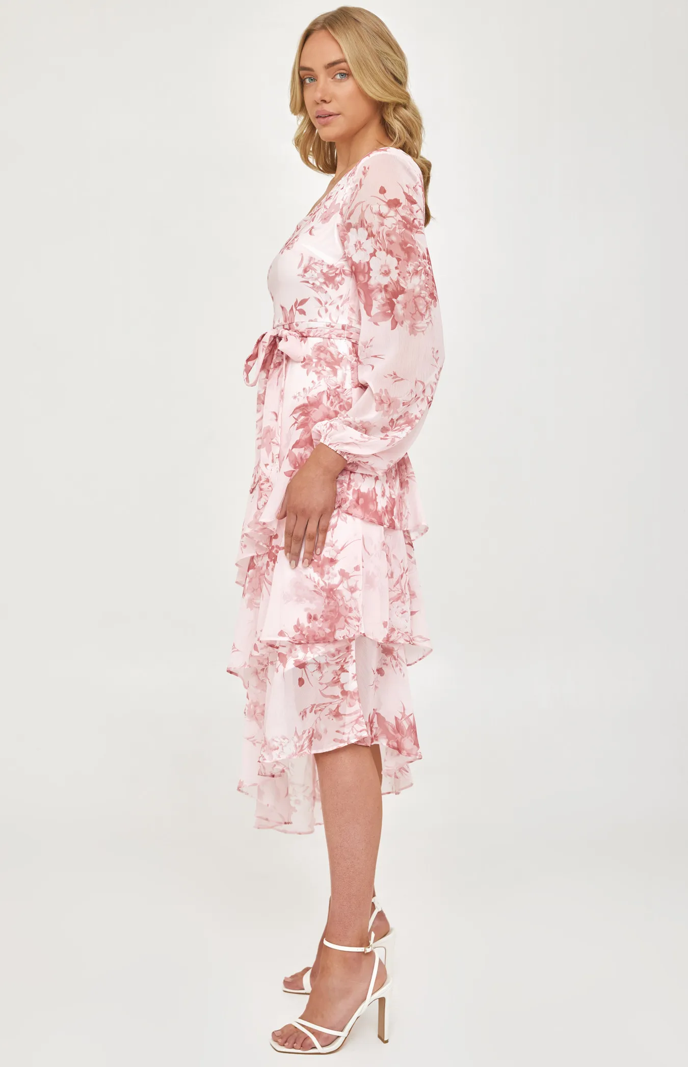 Floral Chiffon Single Sleeve Midi Dress with Tiered Hem (SDR1216A) 