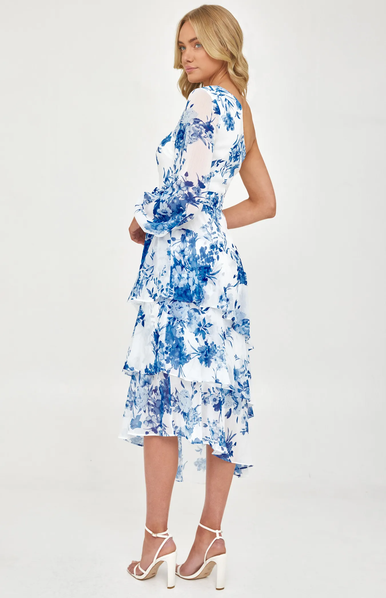 Floral Chiffon Single Sleeve Midi Dress with Tiered Hem (SDR1216A) 