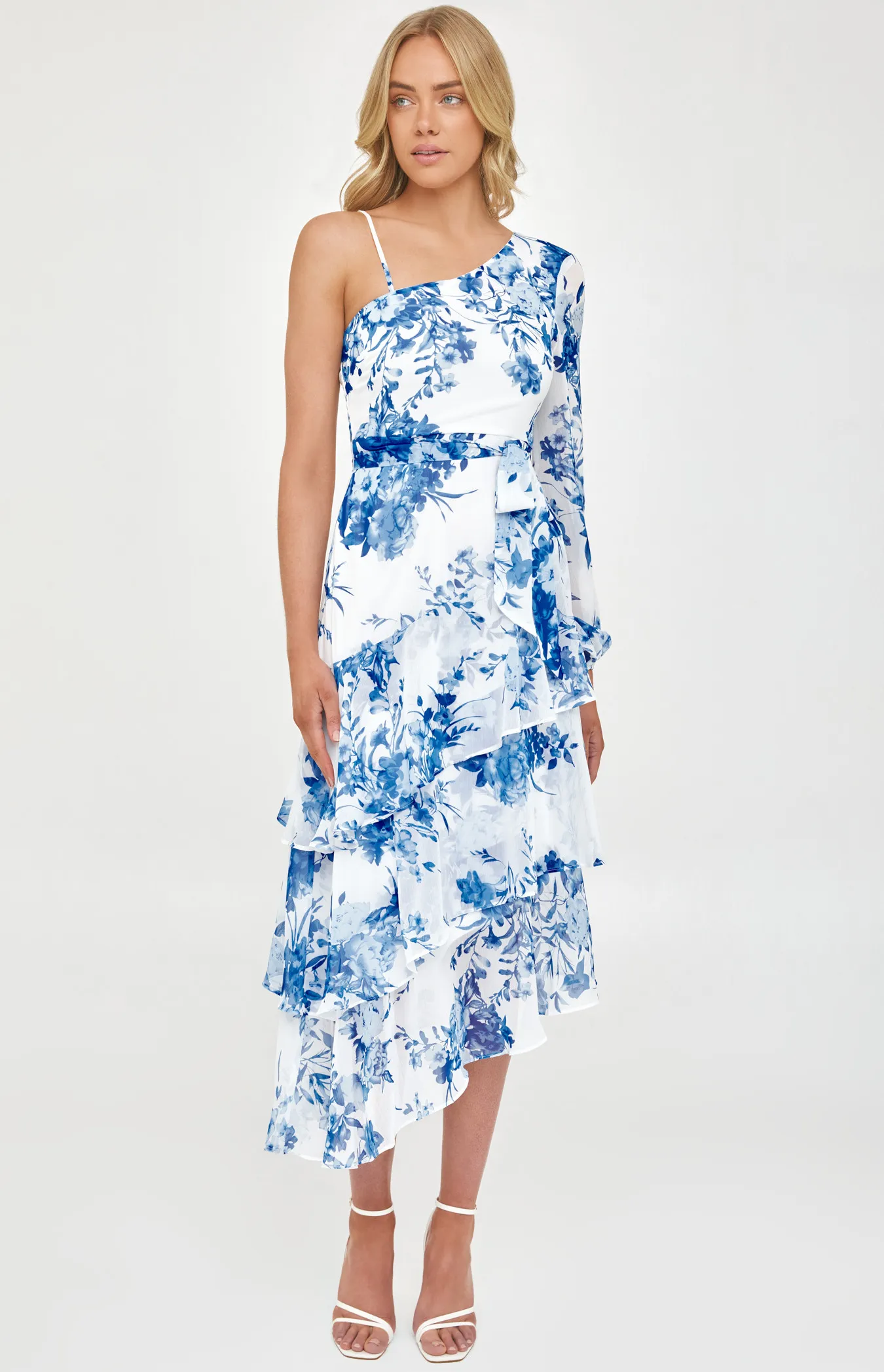 Floral Chiffon Single Sleeve Midi Dress with Tiered Hem (SDR1216A) 