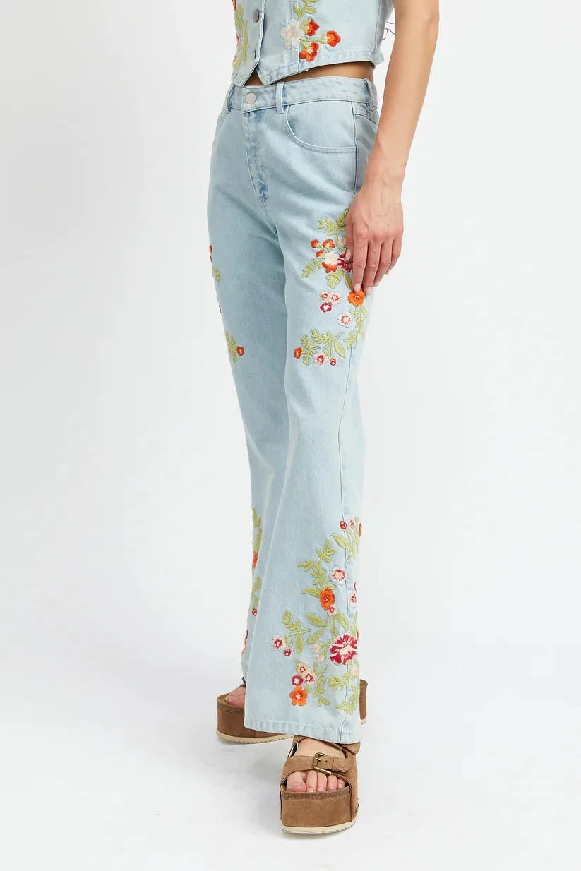 Floral Embroidered Flare Pants