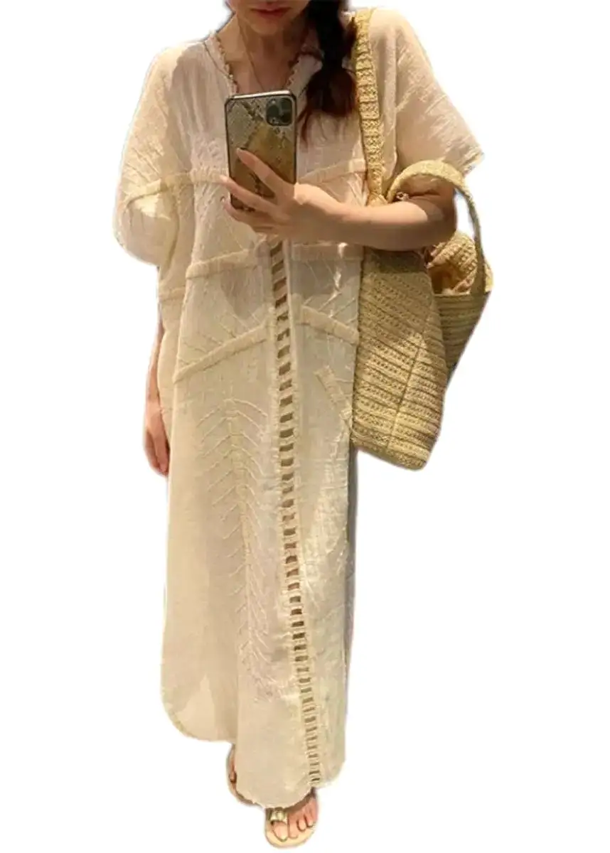 French Beige V Neck Hollow Out Cotton Long Dress Summer CG1018