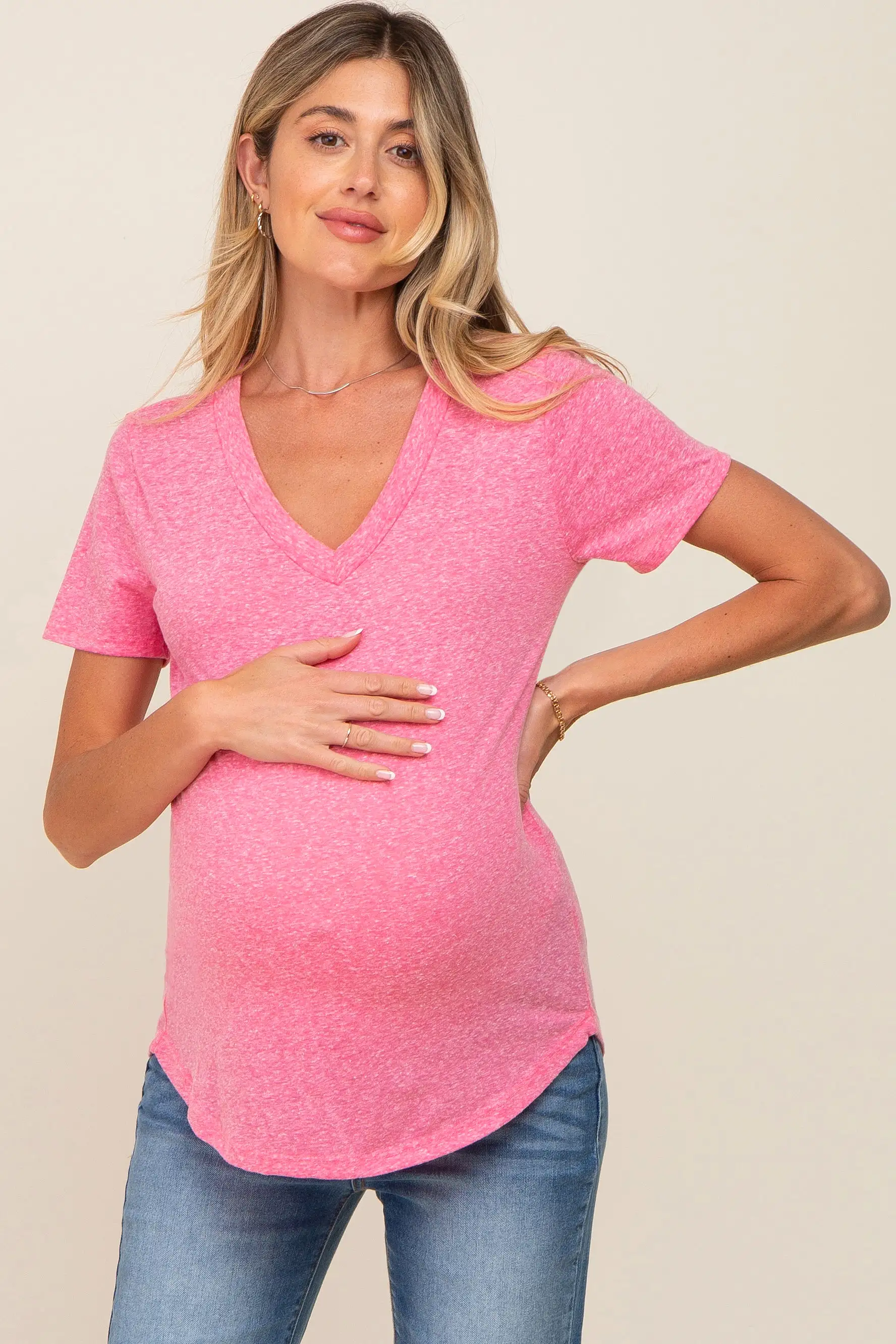 Fuchsia V-Neck Short Sleeve Maternity Tee