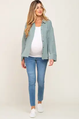 Green Button Down Collared Frayed Maternity Top