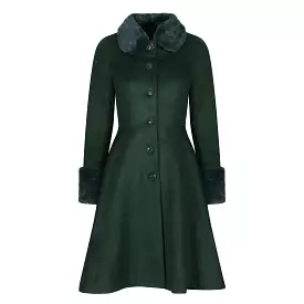 Green faux fur trim polywool flare 50s coat