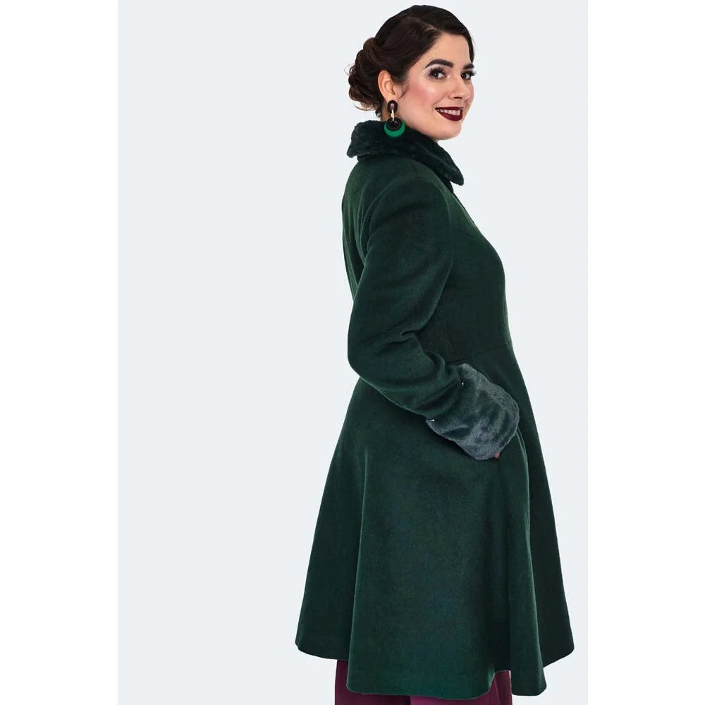 Green faux fur trim polywool flare 50s coat