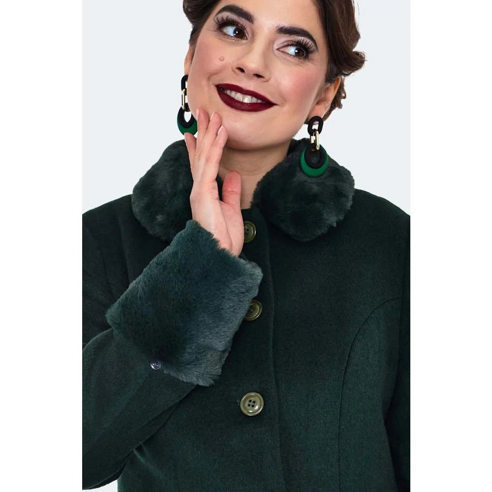 Green faux fur trim polywool flare 50s coat