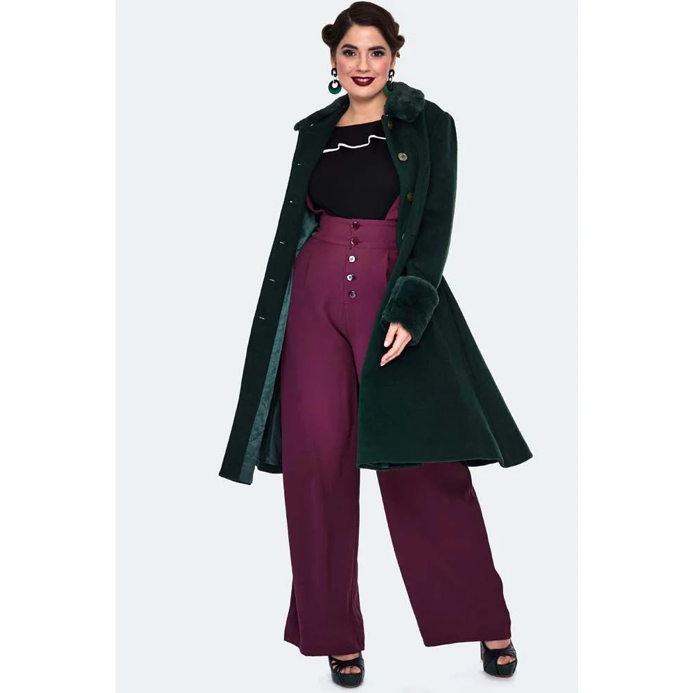 Green faux fur trim polywool flare 50s coat