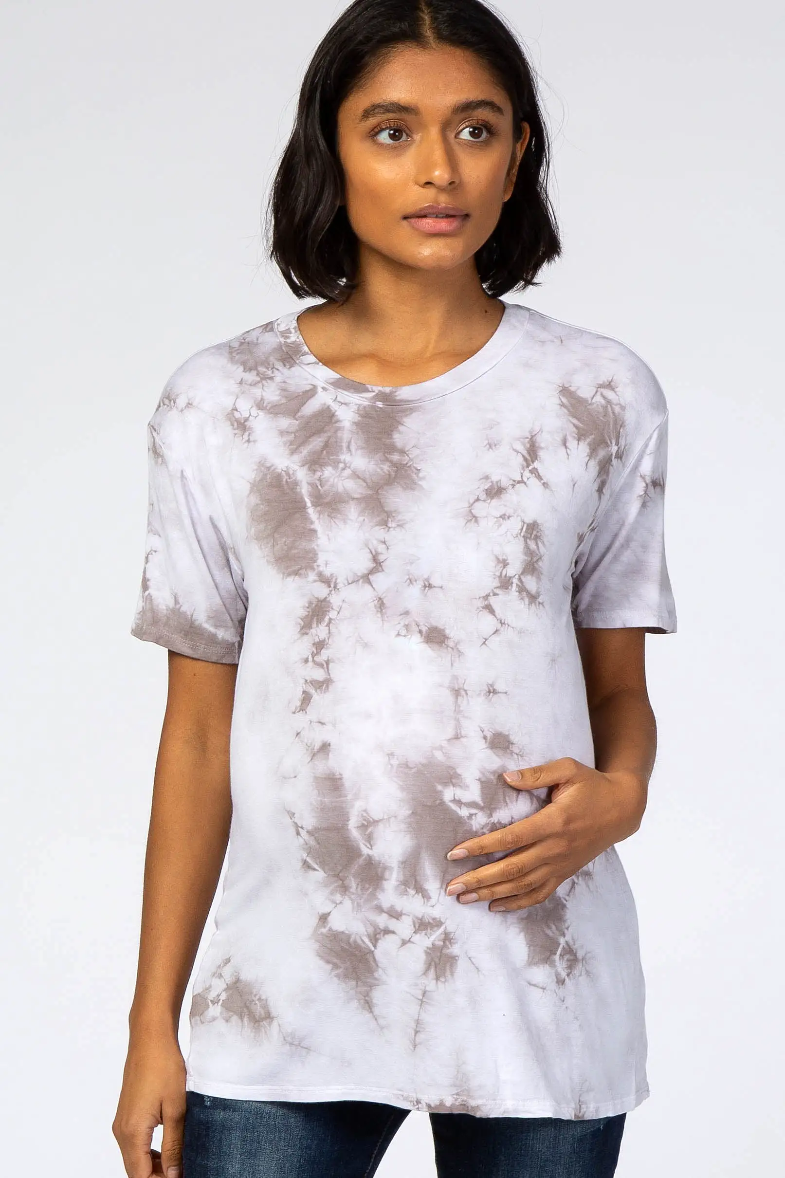 Grey Tie Dye Short Sleeve Maternity Top