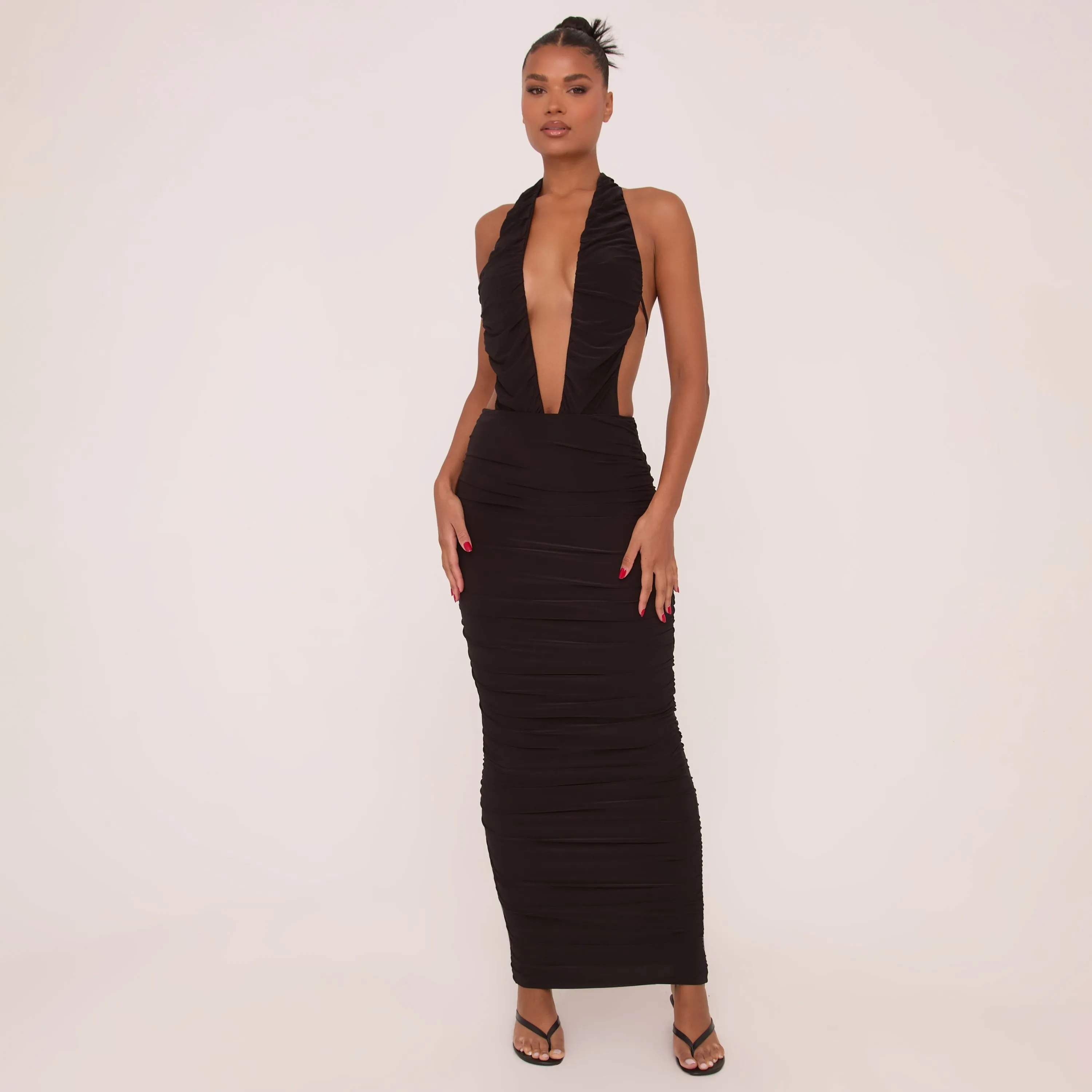 High Waist Double Layer Ruched Maxi Skirt In Black Slinky